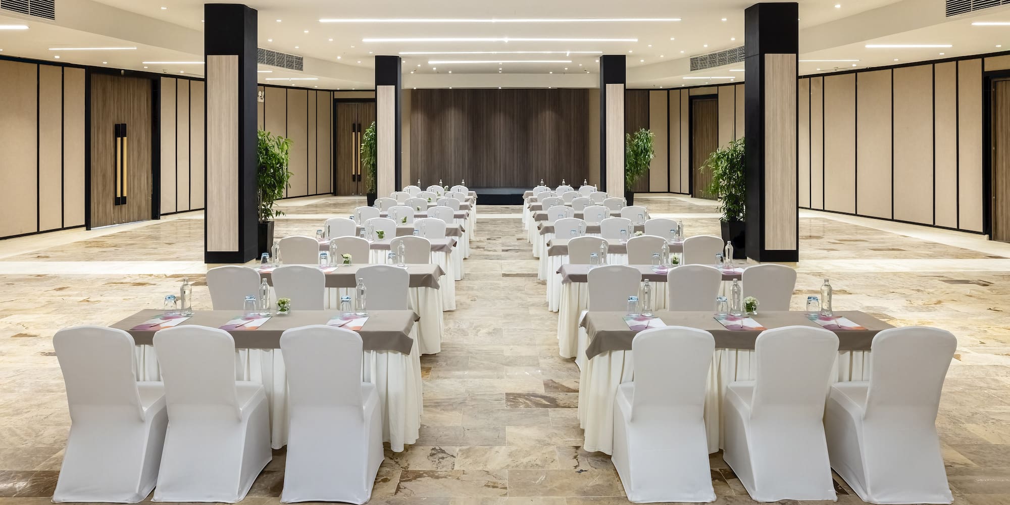 a room with tables and chairs