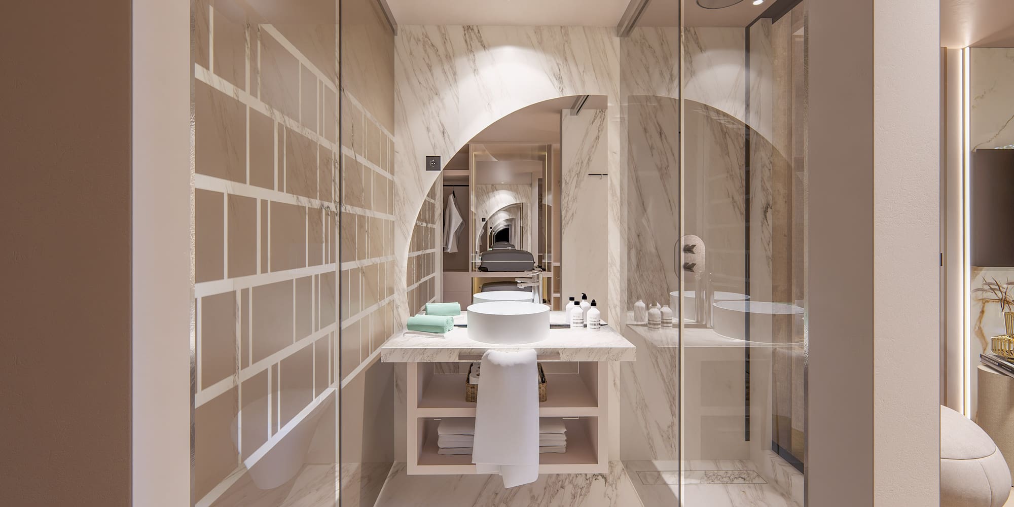 a bathroom with a sink and shower