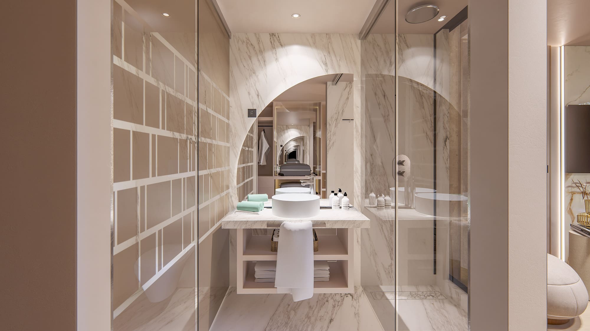 a bathroom with a sink and shower