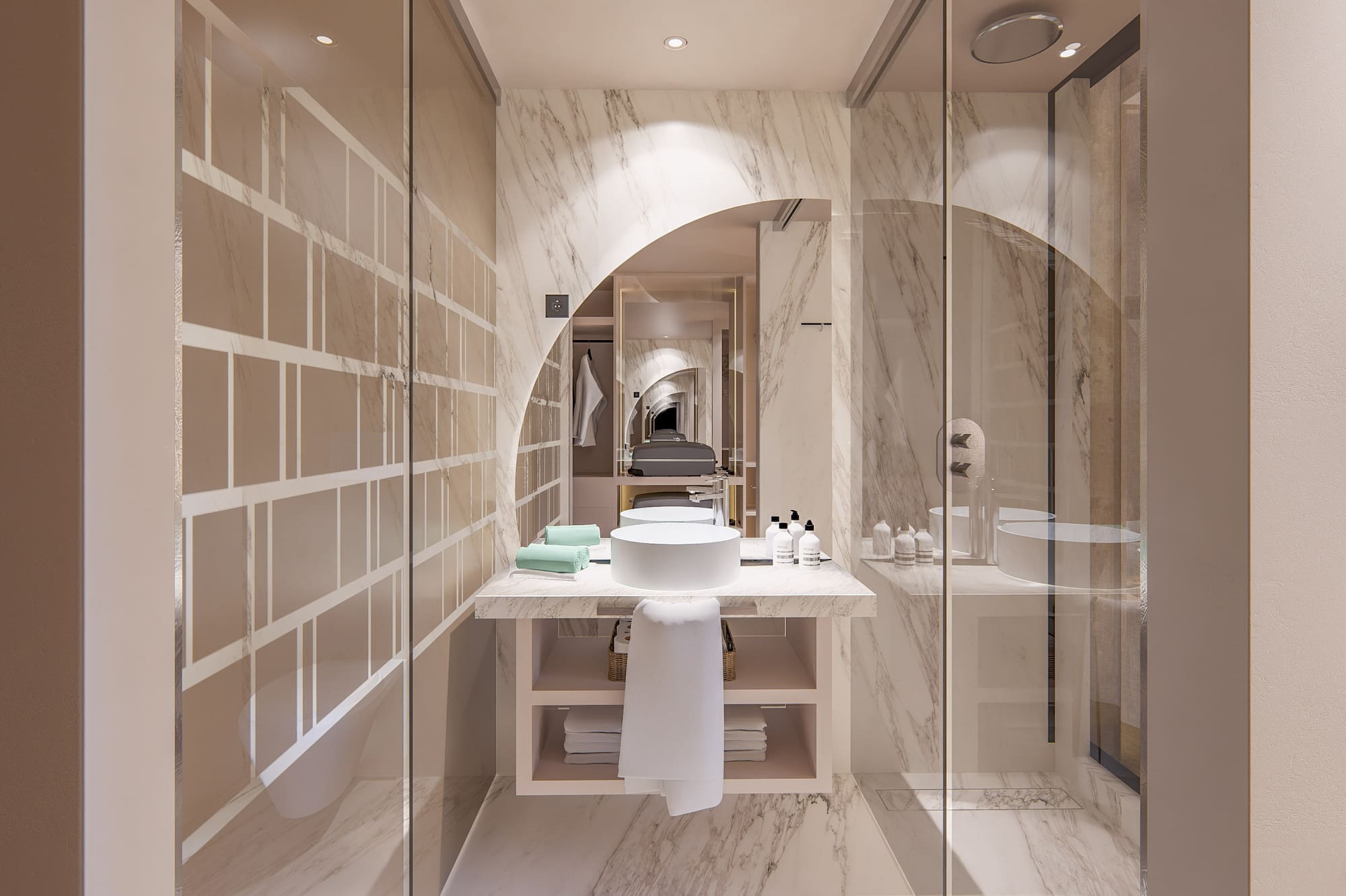 a bathroom with a sink and shower