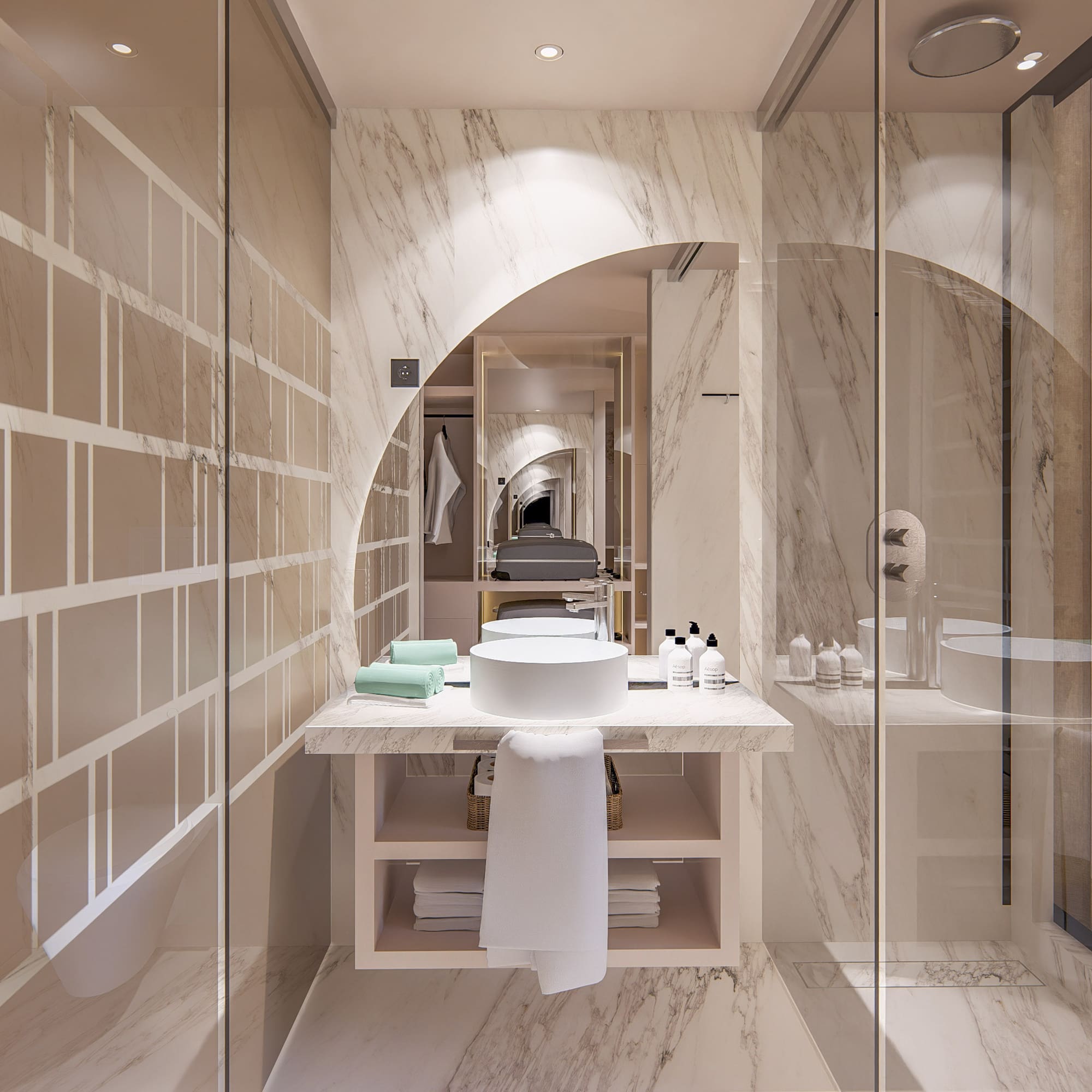 a bathroom with a sink and shower