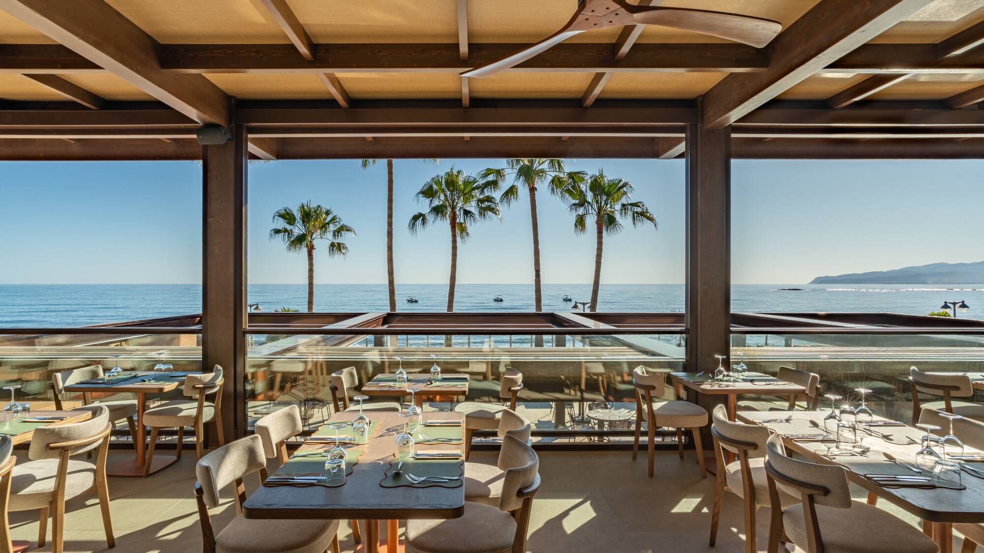 Beachfront restaurant with ocean views, palm trees, and outdoor dining.