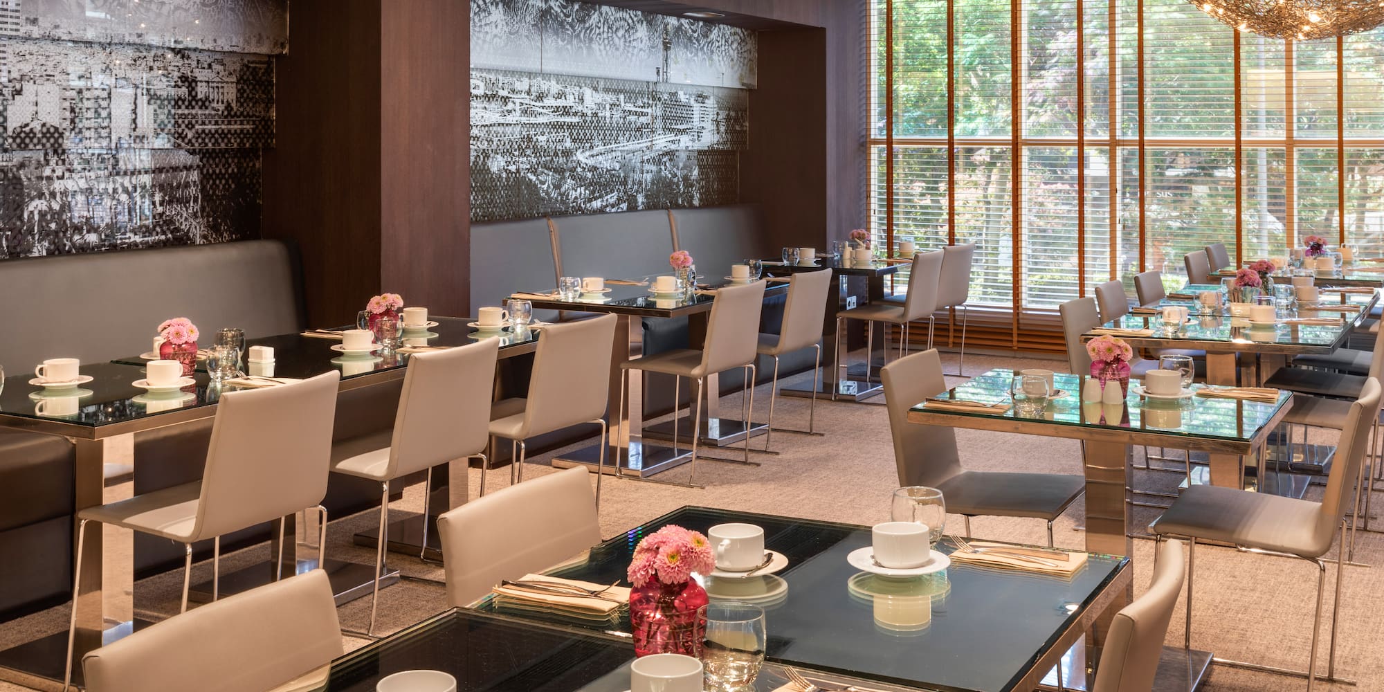 a room with tables and chairs