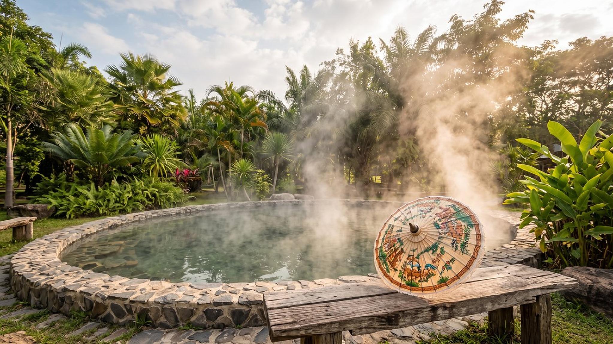 Tropical hot spring with steam, stone border, and decorative parasol.