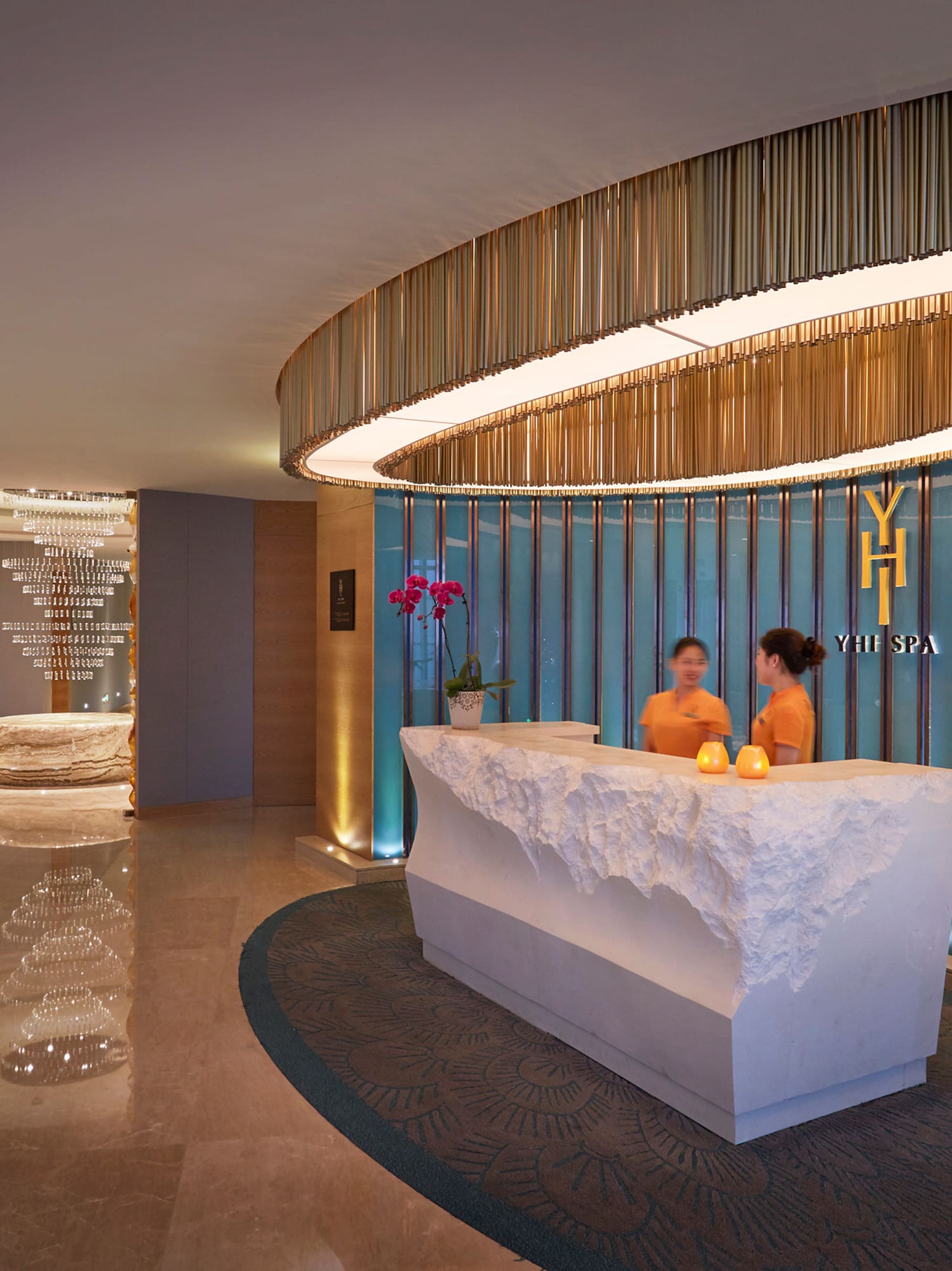 a reception desk in a hotel