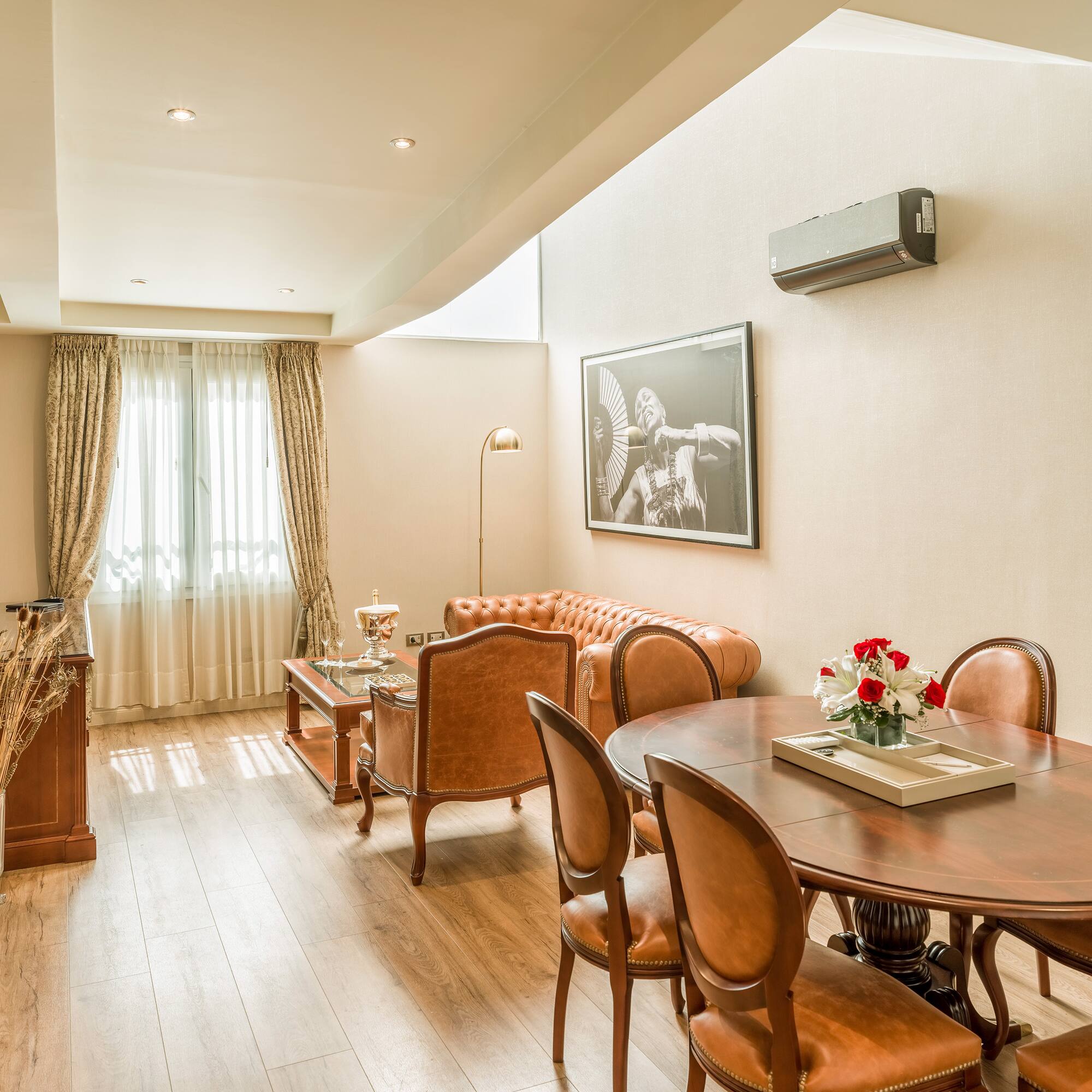 a room with a table and chairs