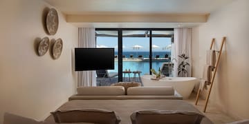 a room with a television and a tub