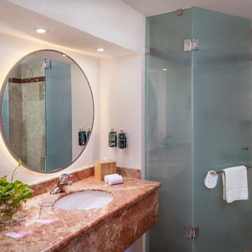 a bathroom with a mirror and a shower