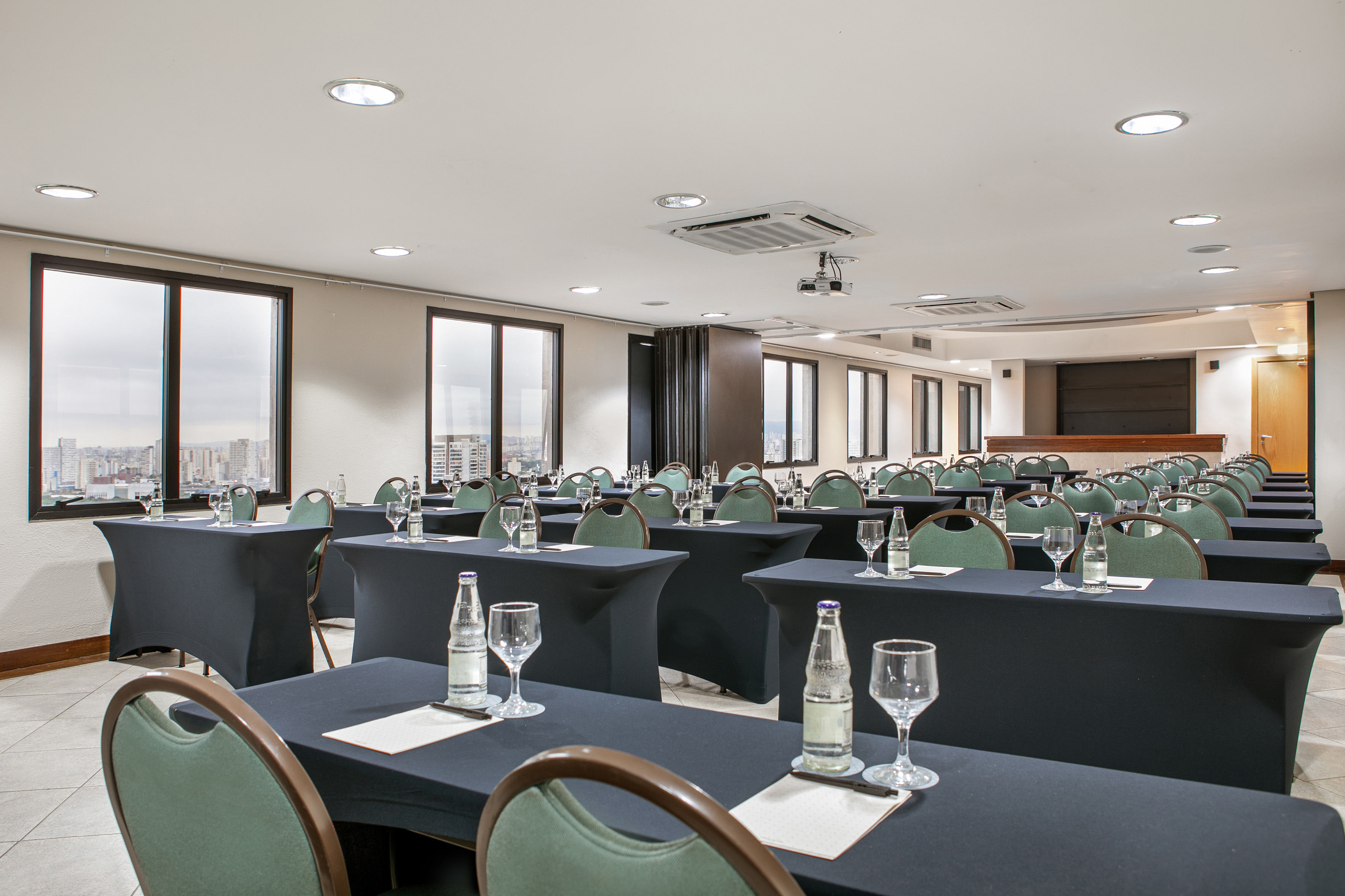 a room with tables and chairs