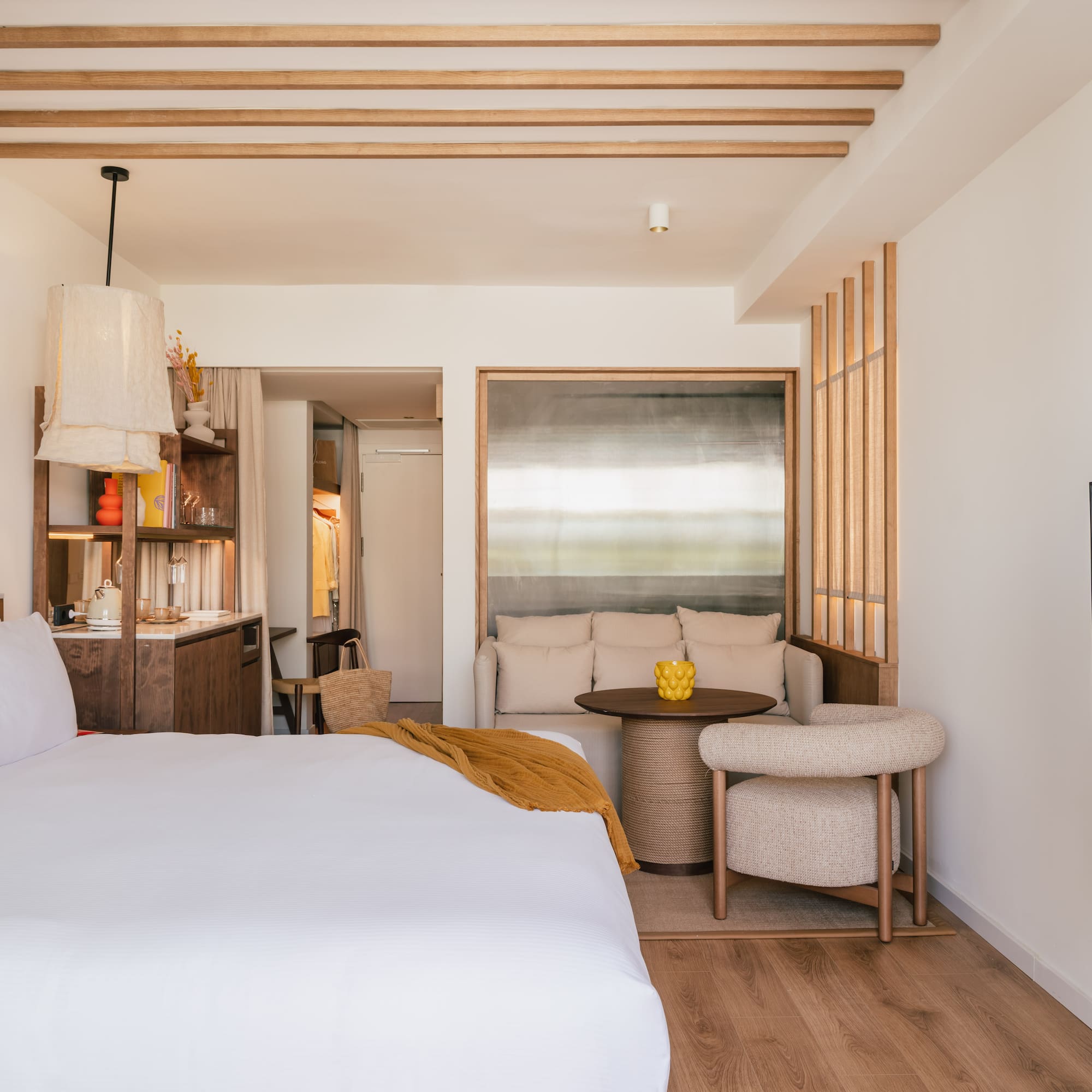 a room with a bed and a table