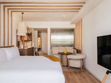 a room with a bed and a table