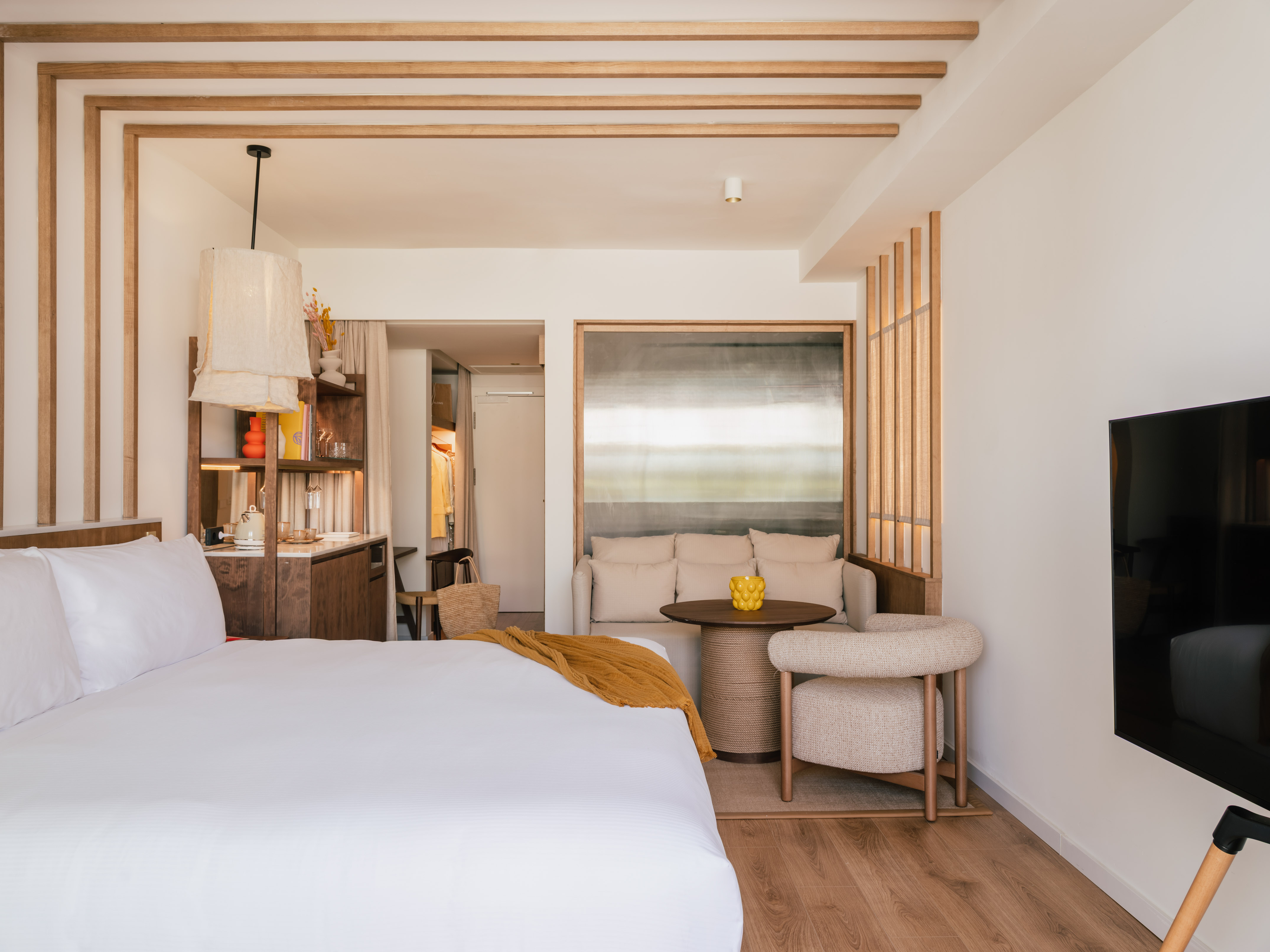 a room with a bed and a table