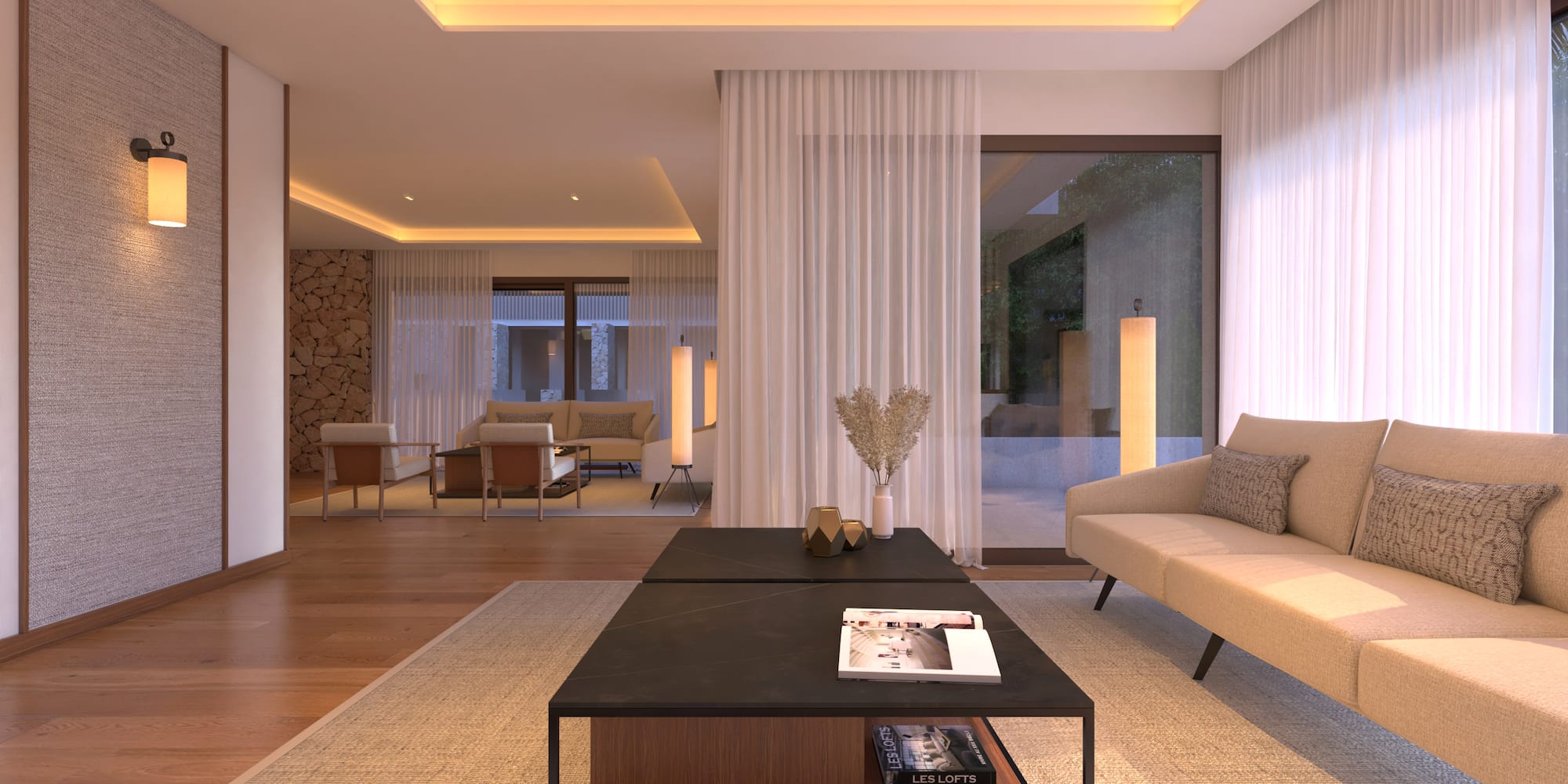 Luxurious modern living room with ambient lighting, beige sofa, and coffee table. - Multiusos - Hotel Golf Santa Ponsa Meliá Collection, Μαγιόρκα