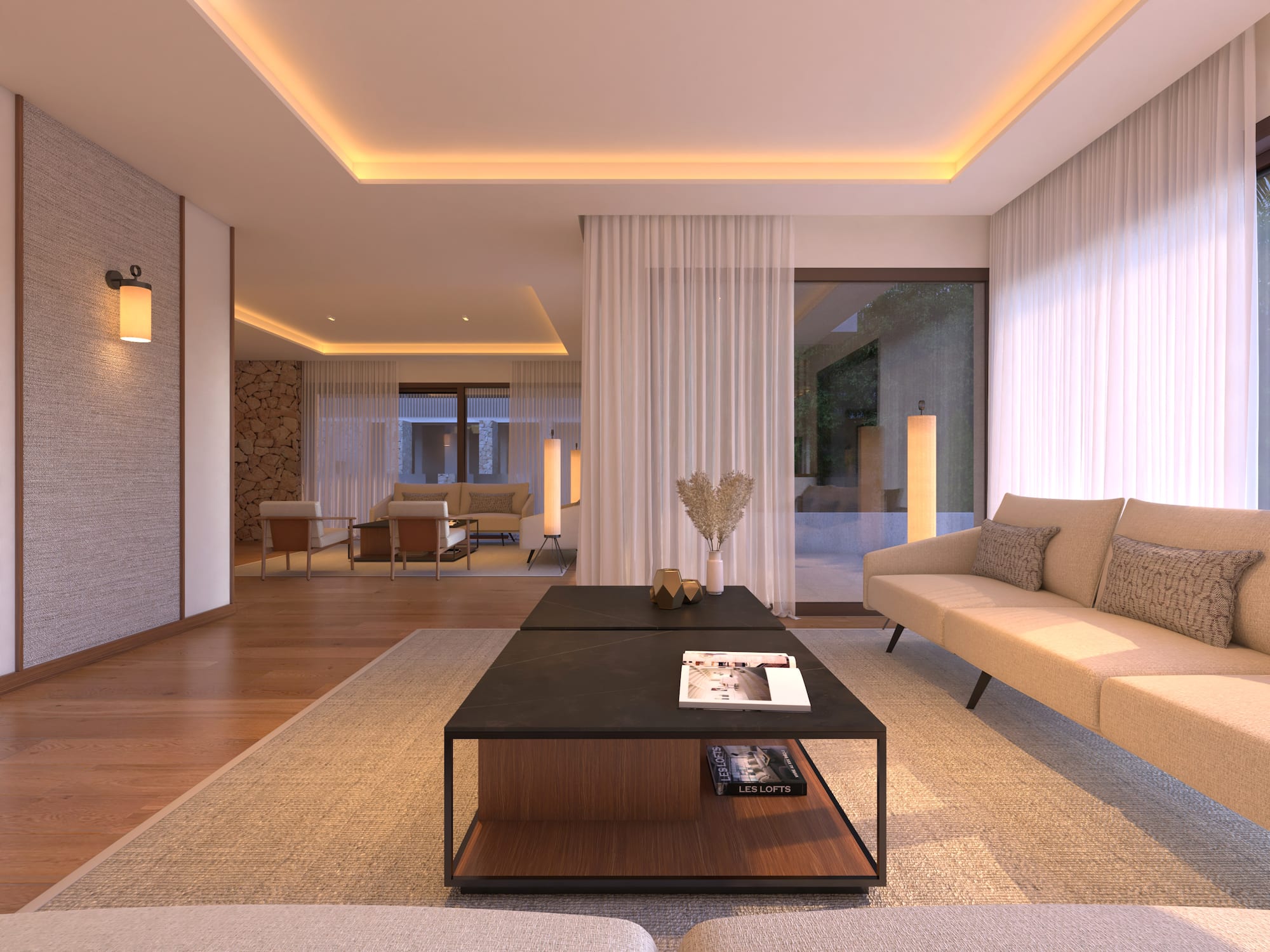 Modern luxury living room with beige sofas, black coffee table, and warm ceiling lighting. - Multiusos - Hotel Golf Santa Ponsa Meliá Collection, Μαγιόρκα