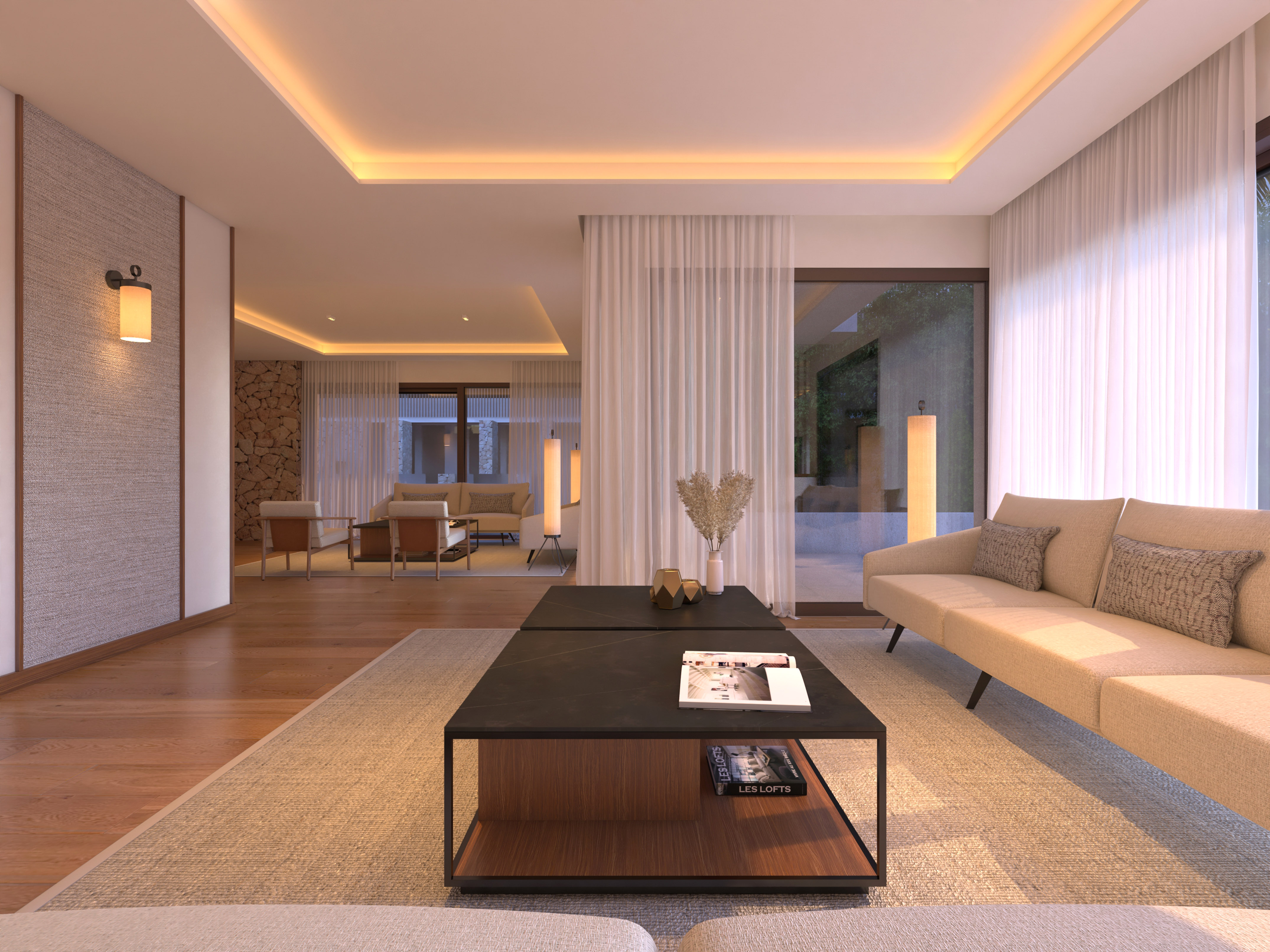 Luxurious modern living room with ambient lighting, beige sofa, and coffee table. - Multiusos - Hotel Golf Santa Ponsa Meliá Collection, مايوركا