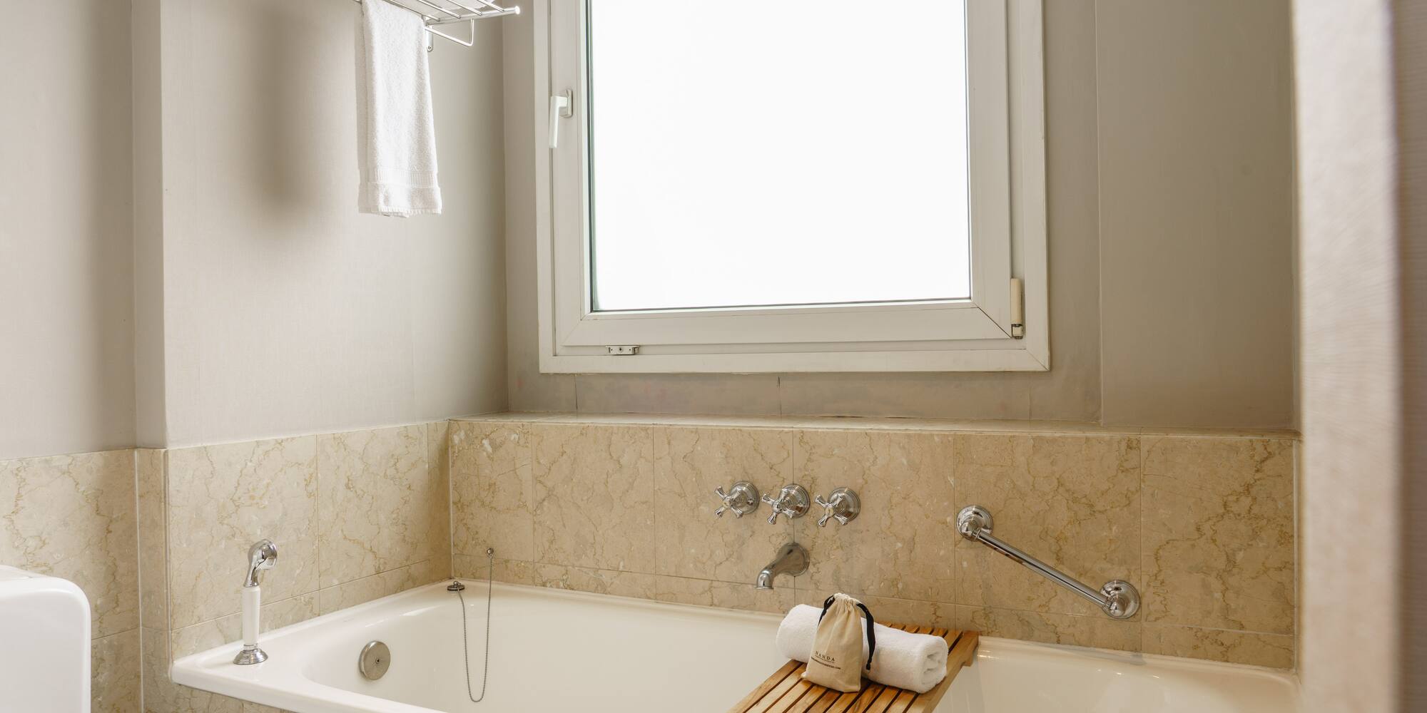 a bathtub with a towel on it