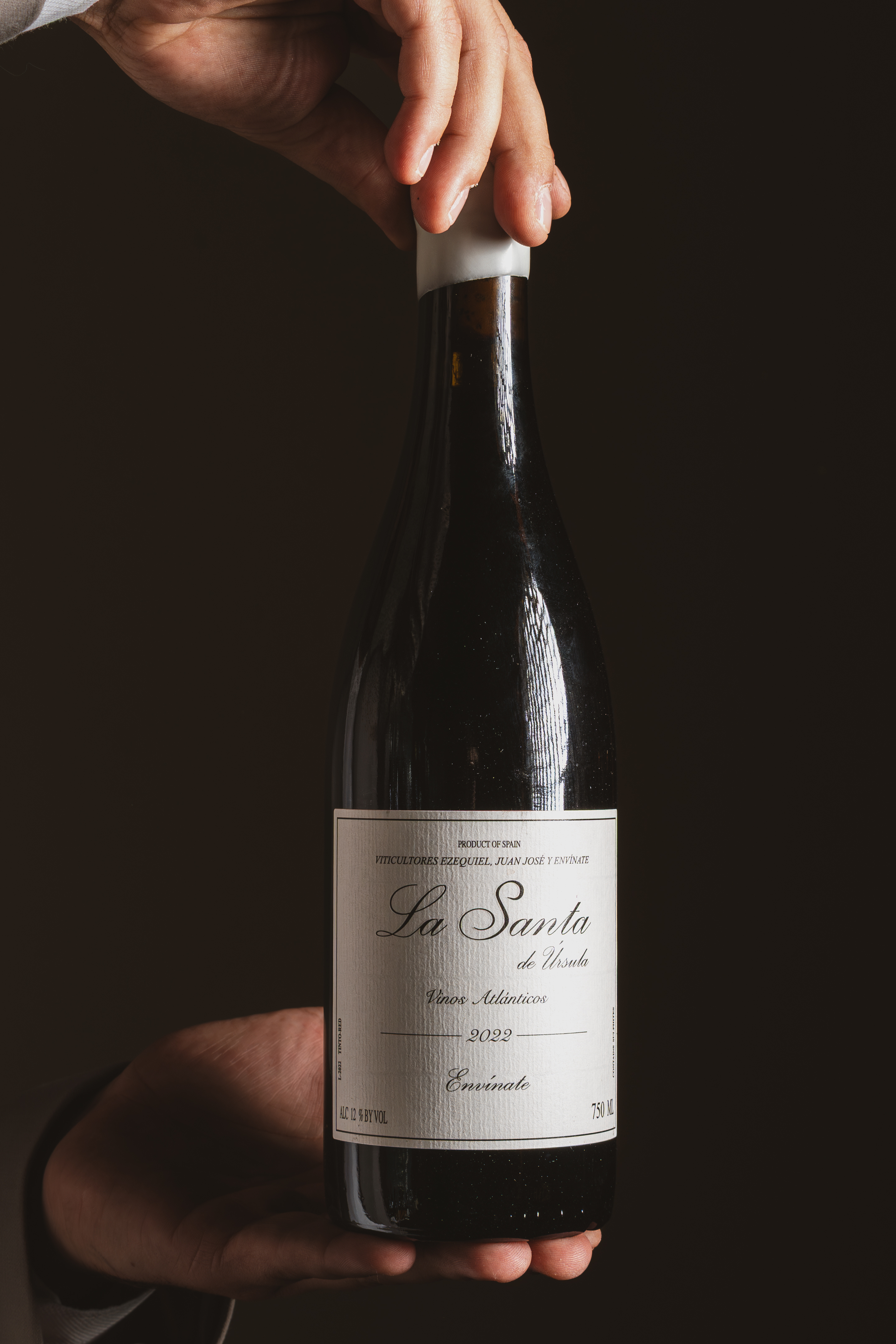Hand holding a "La Santa de Ursula" 2022 Envínate Vinos Atlánticos red wine bottle.