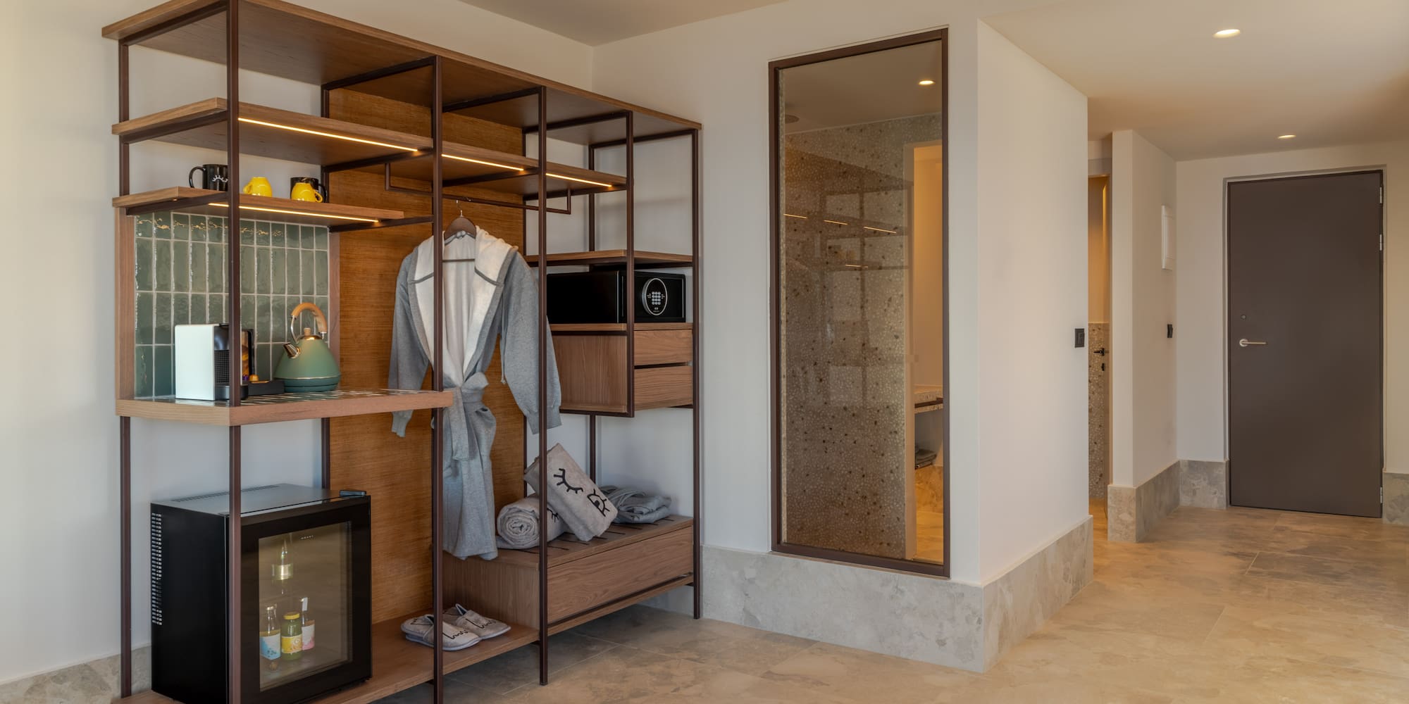 a room with a closet and a television