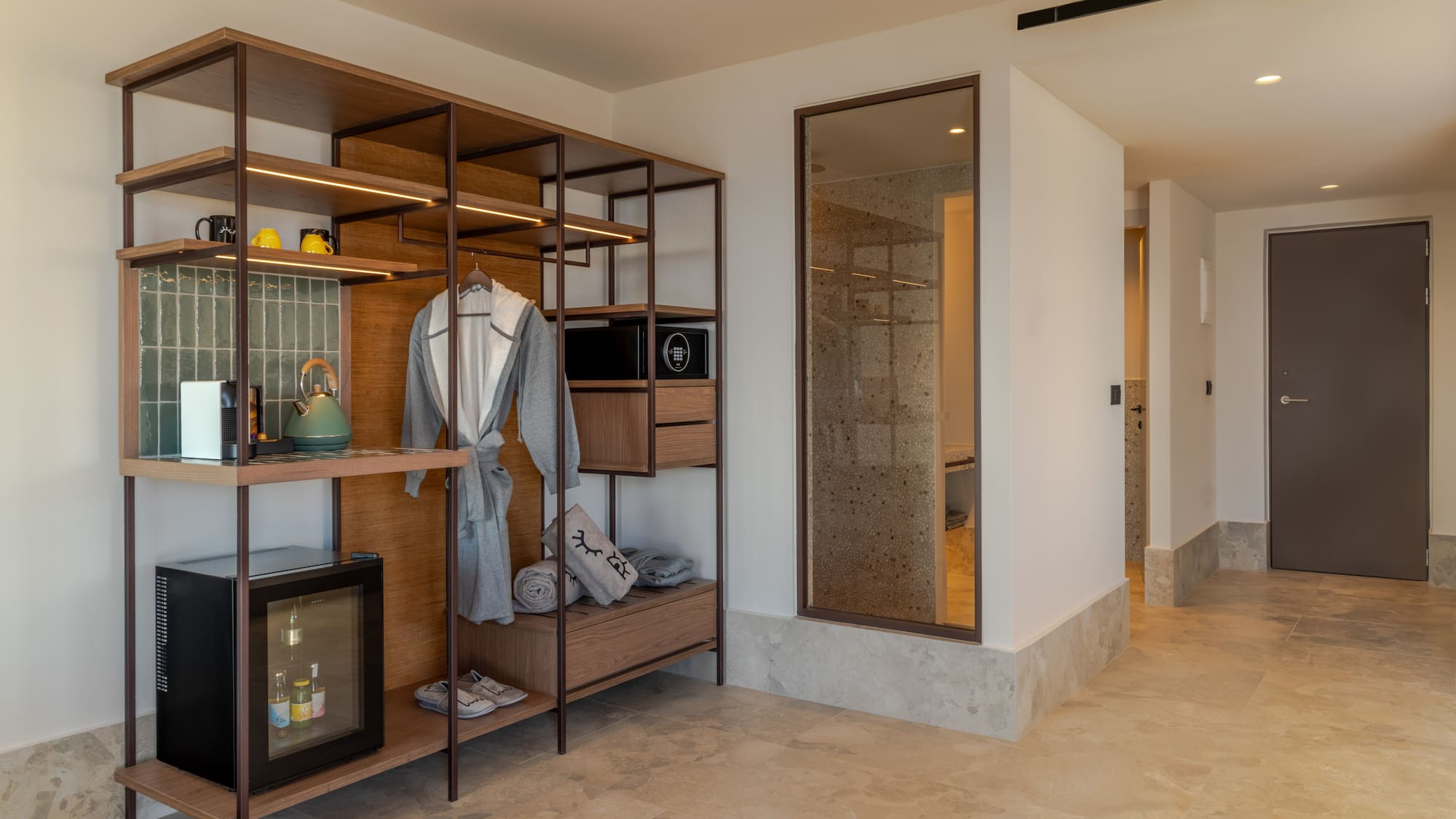 a room with a closet and a television