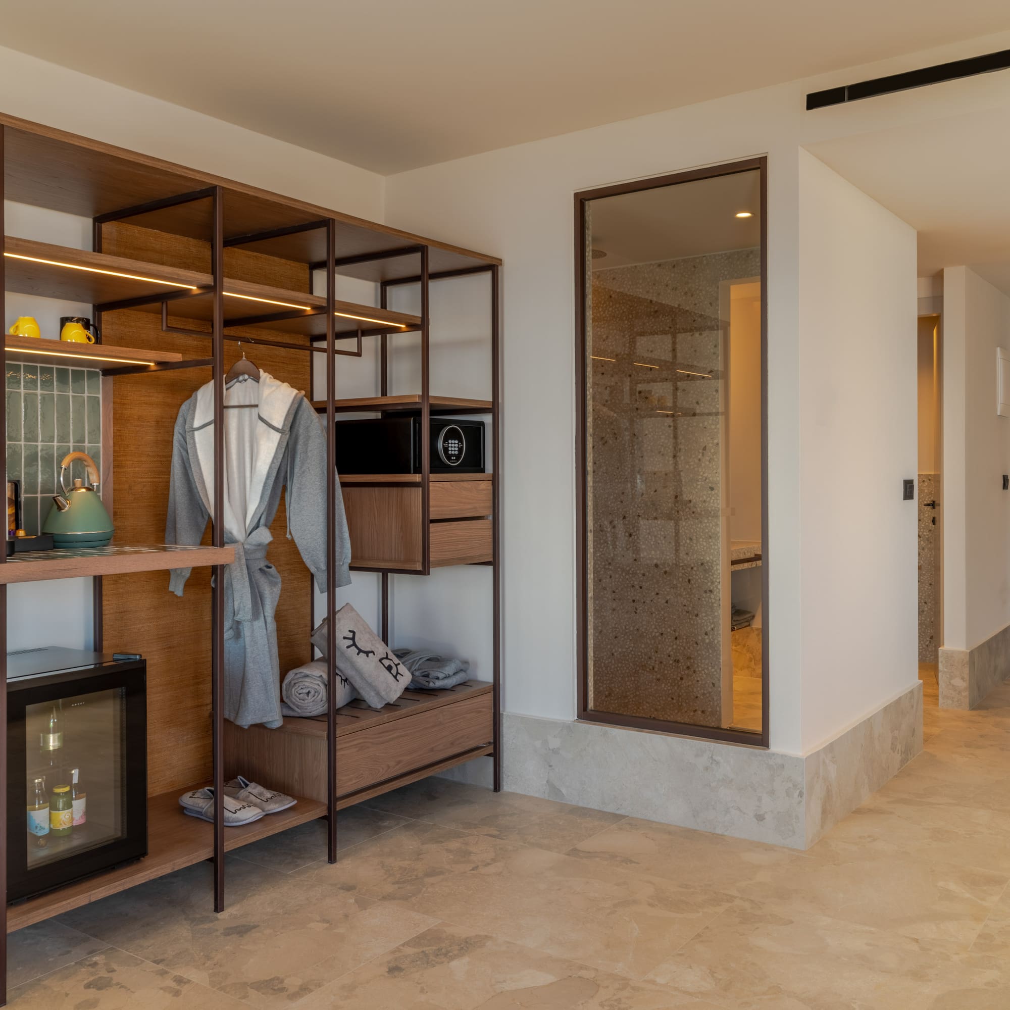 a room with a closet and a television