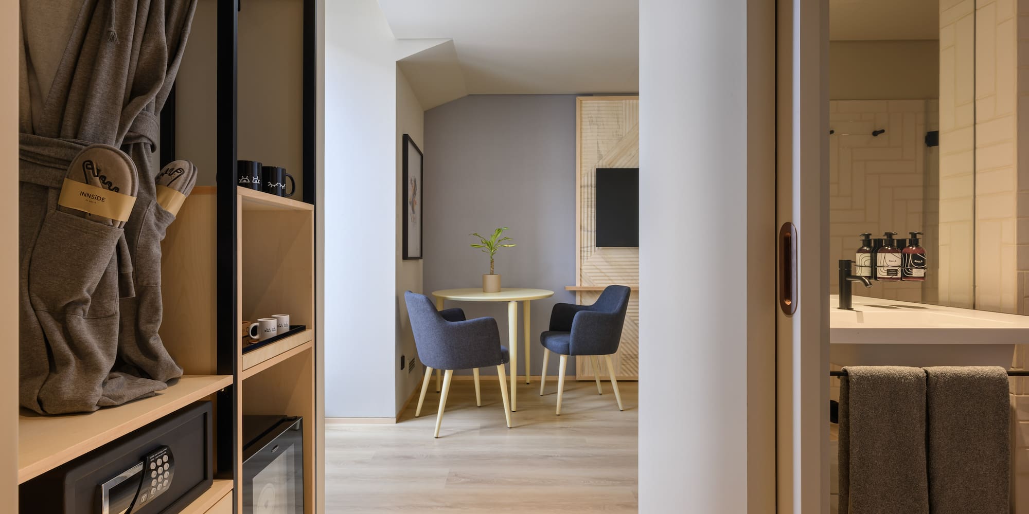 a room with a table and chairs