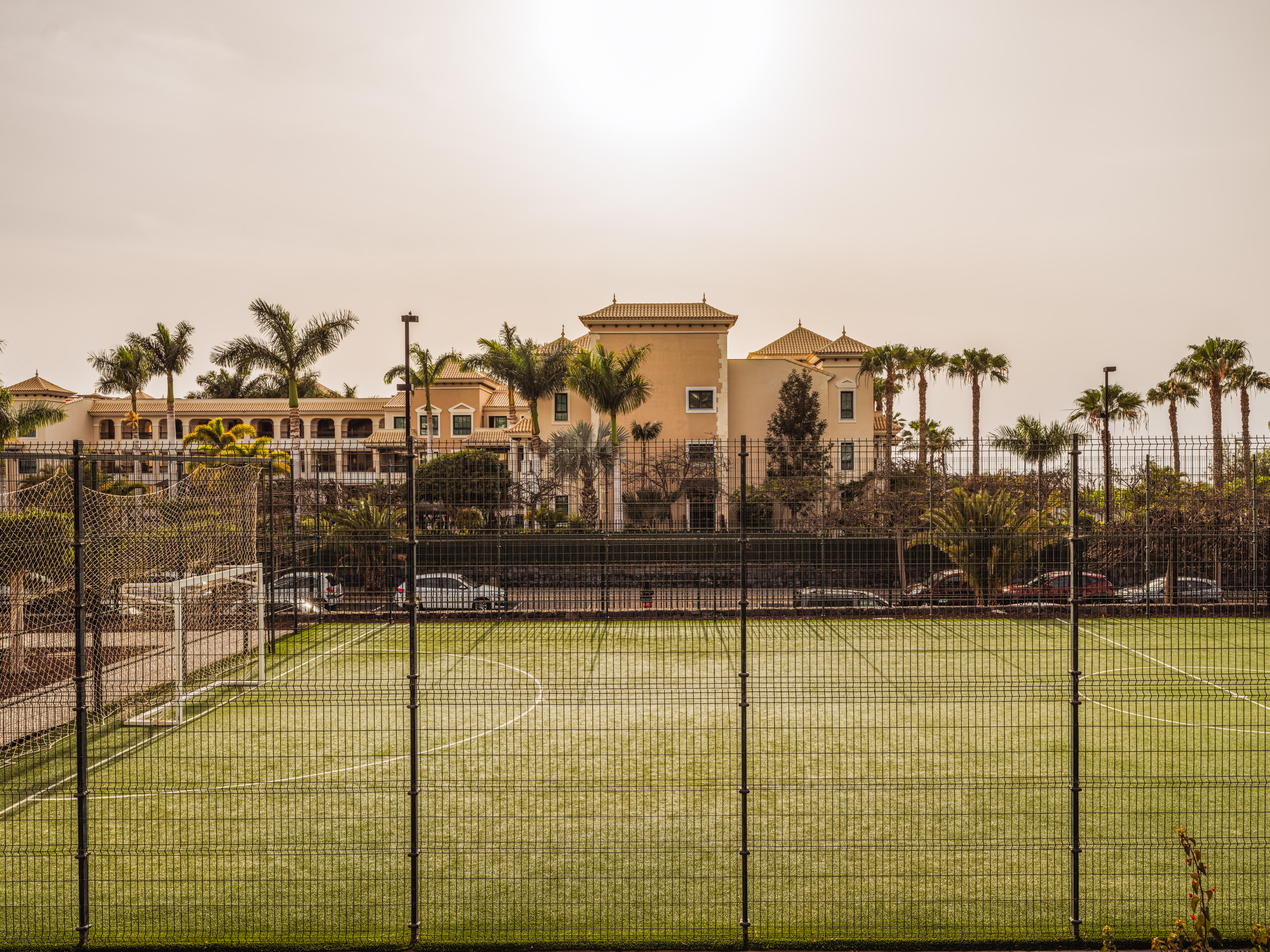 Fenced artificial turf soccer field with goal, resort building, and palm trees.