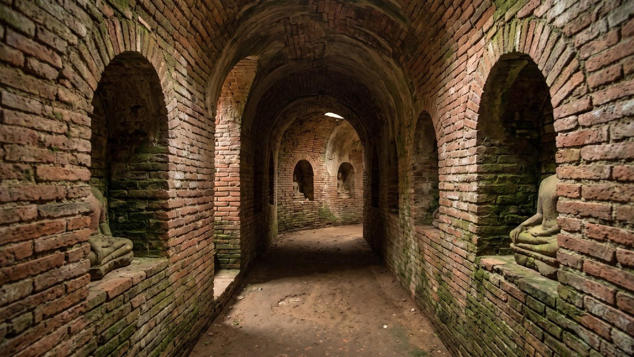 Ancient brick temple corridor with Buddha statues in arched niches.