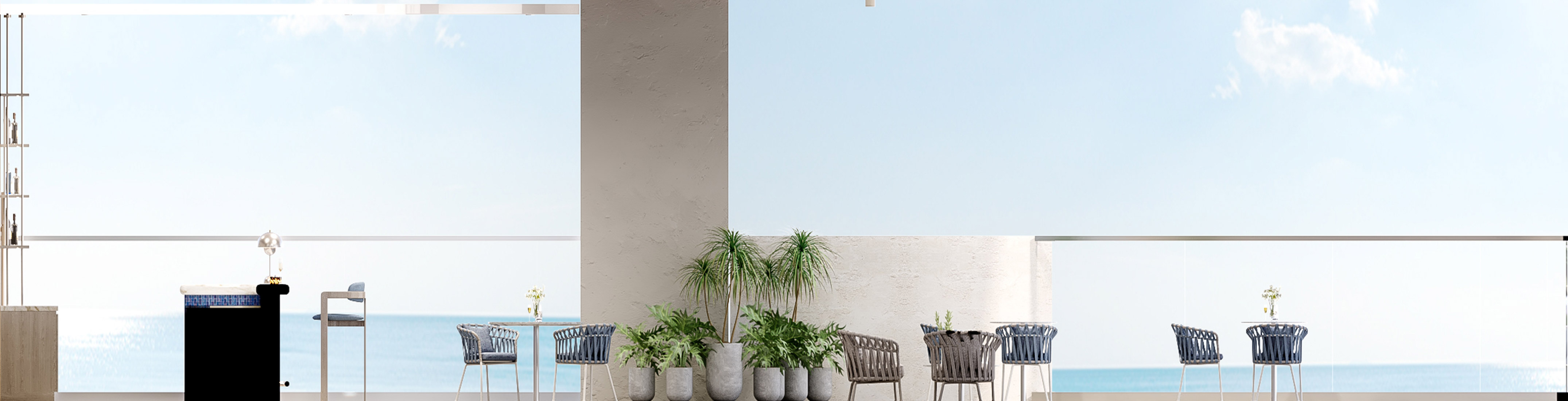 a patio with chairs and tables and plants