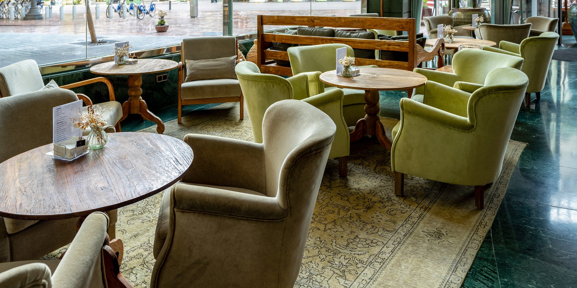 a room with tables and chairs