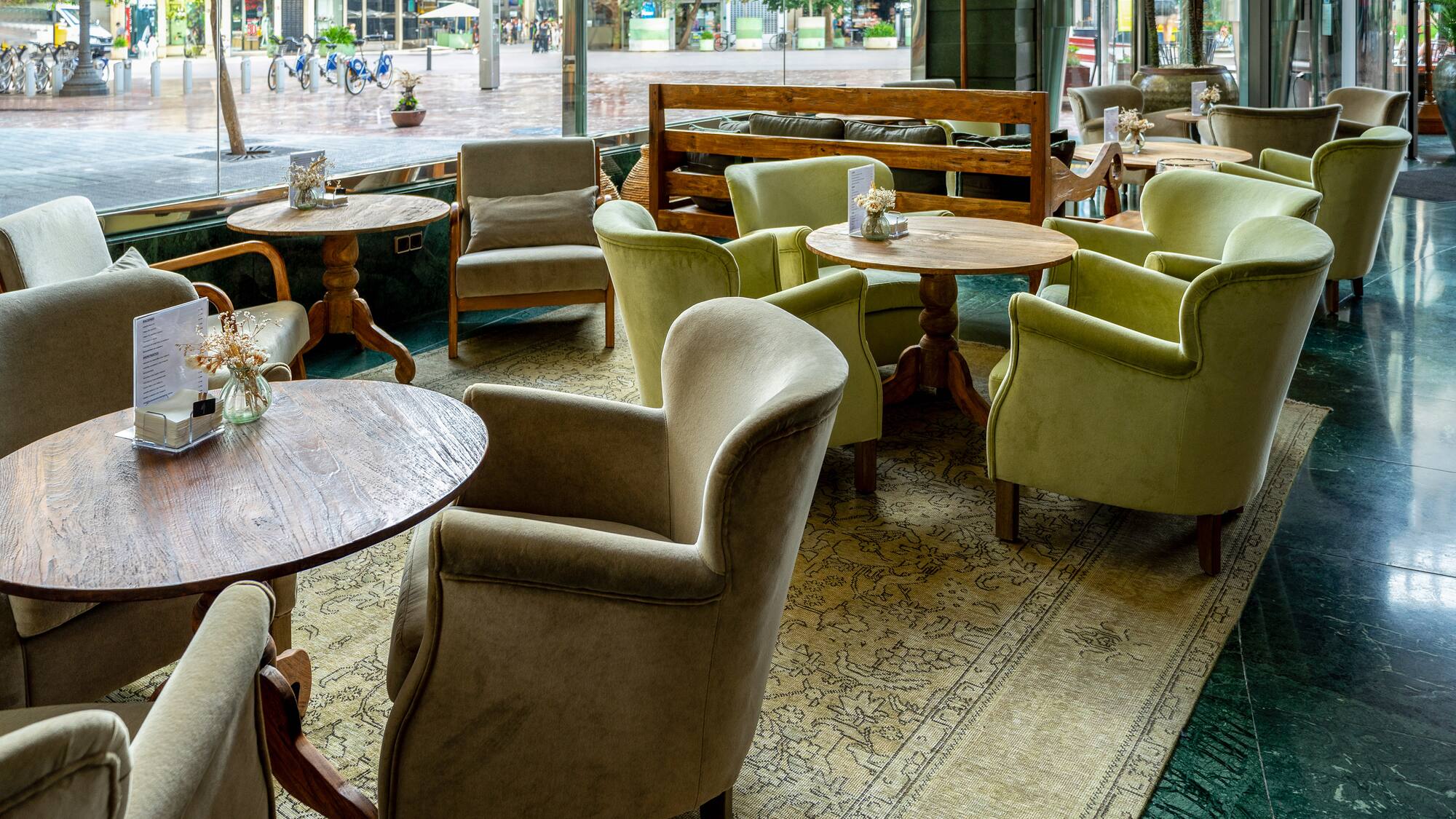 a room with tables and chairs