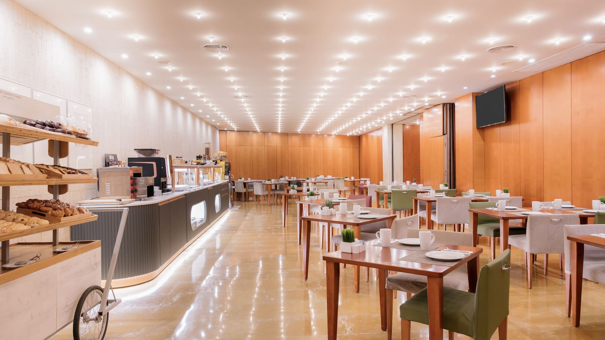 a room with tables and chairs