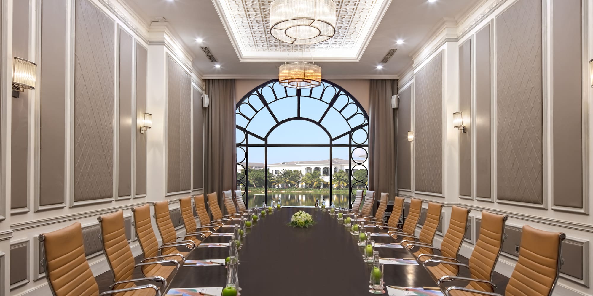 a conference room with a large table and chairs