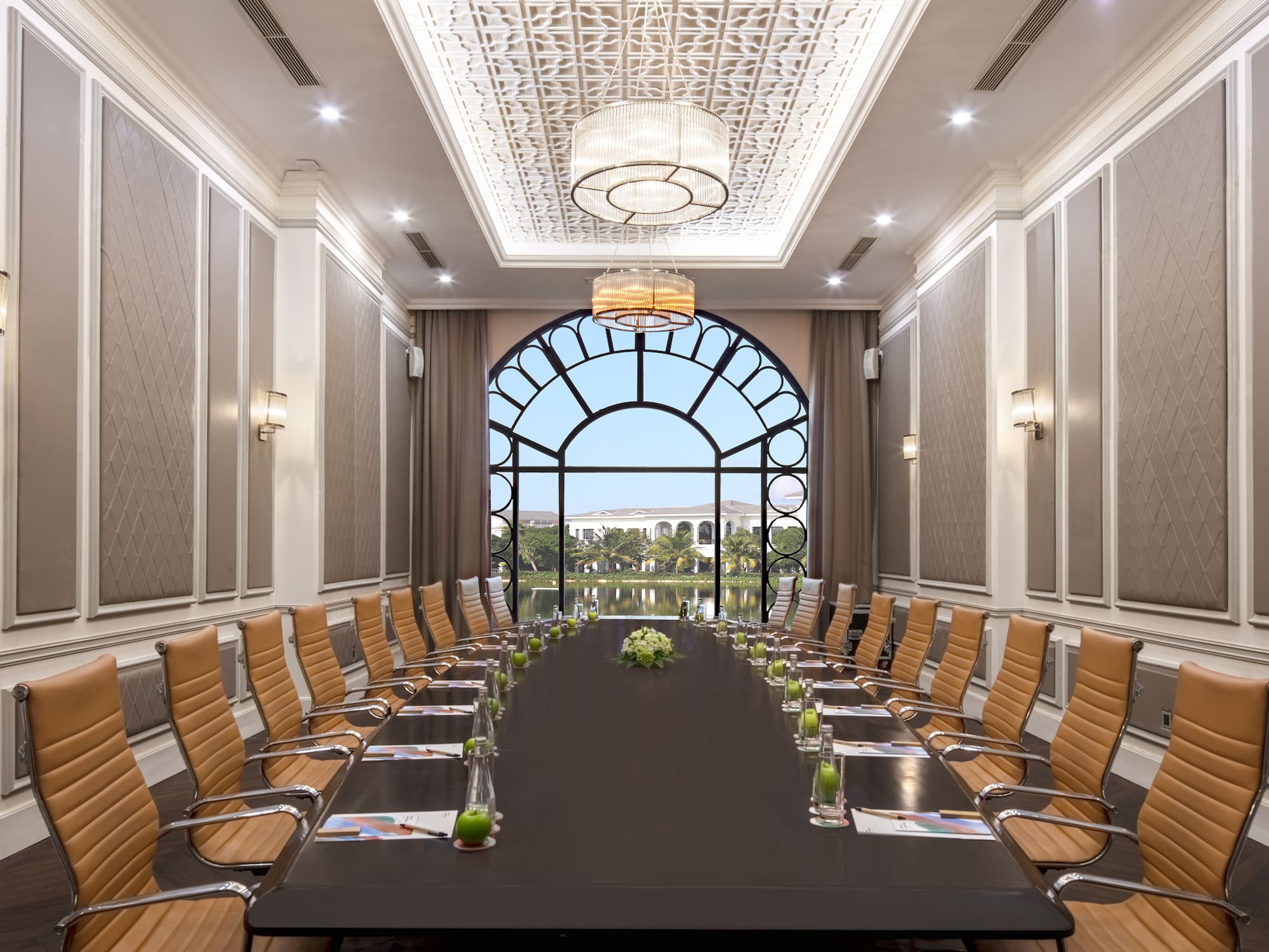 a conference room with a large table and chairs