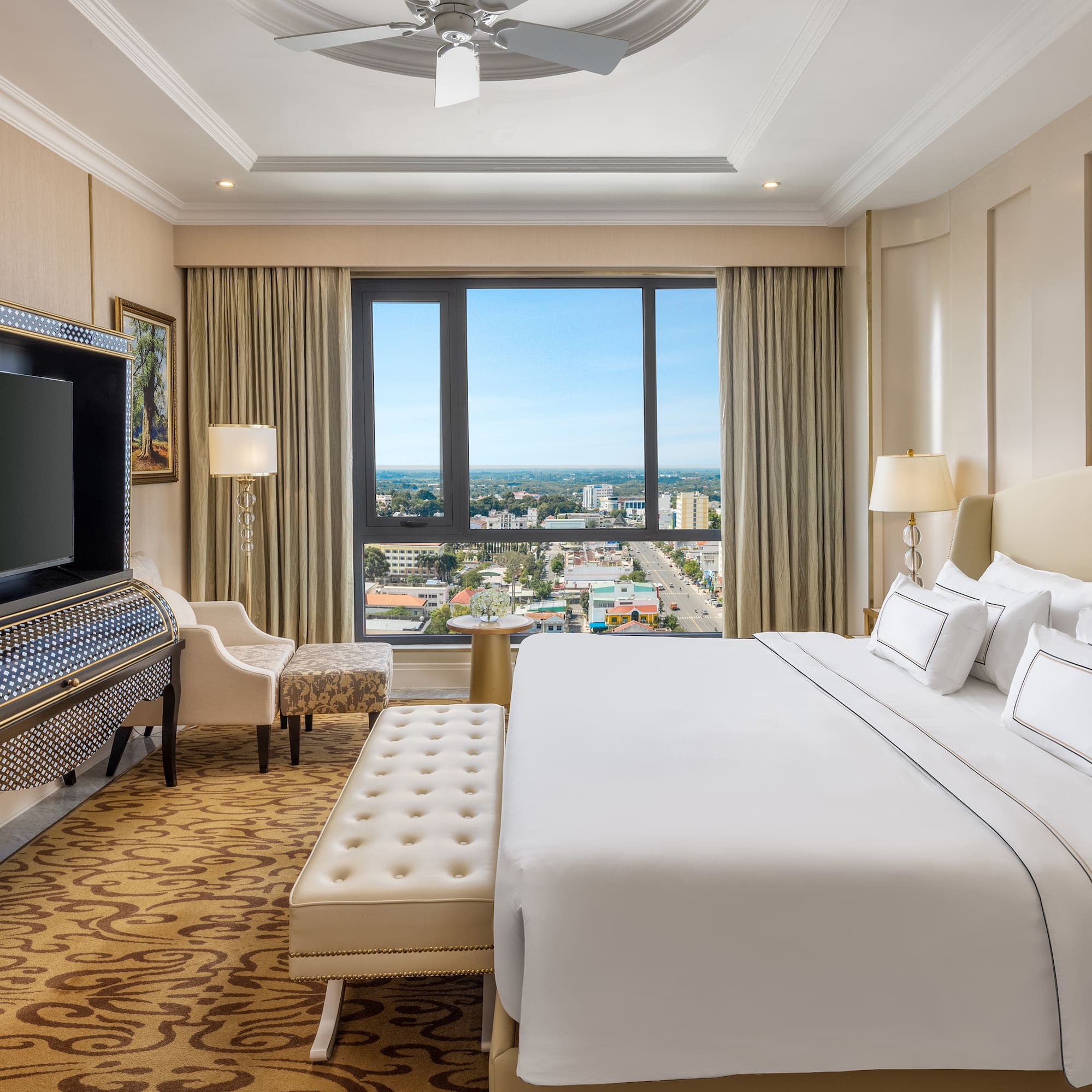 a room with a large bed and a piano