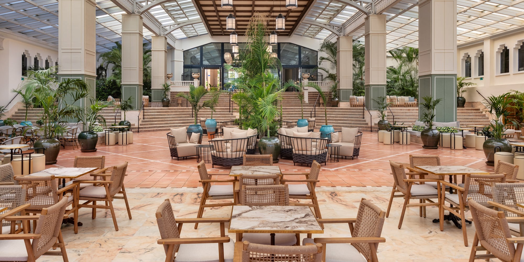 a room with tables and chairs