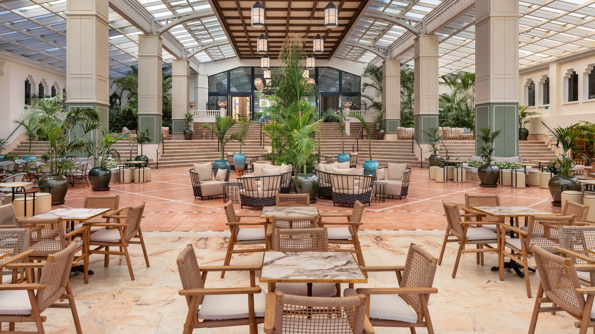 a room with tables and chairs