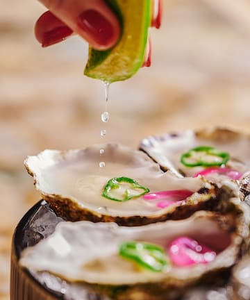 a person pouring a lime over oysters