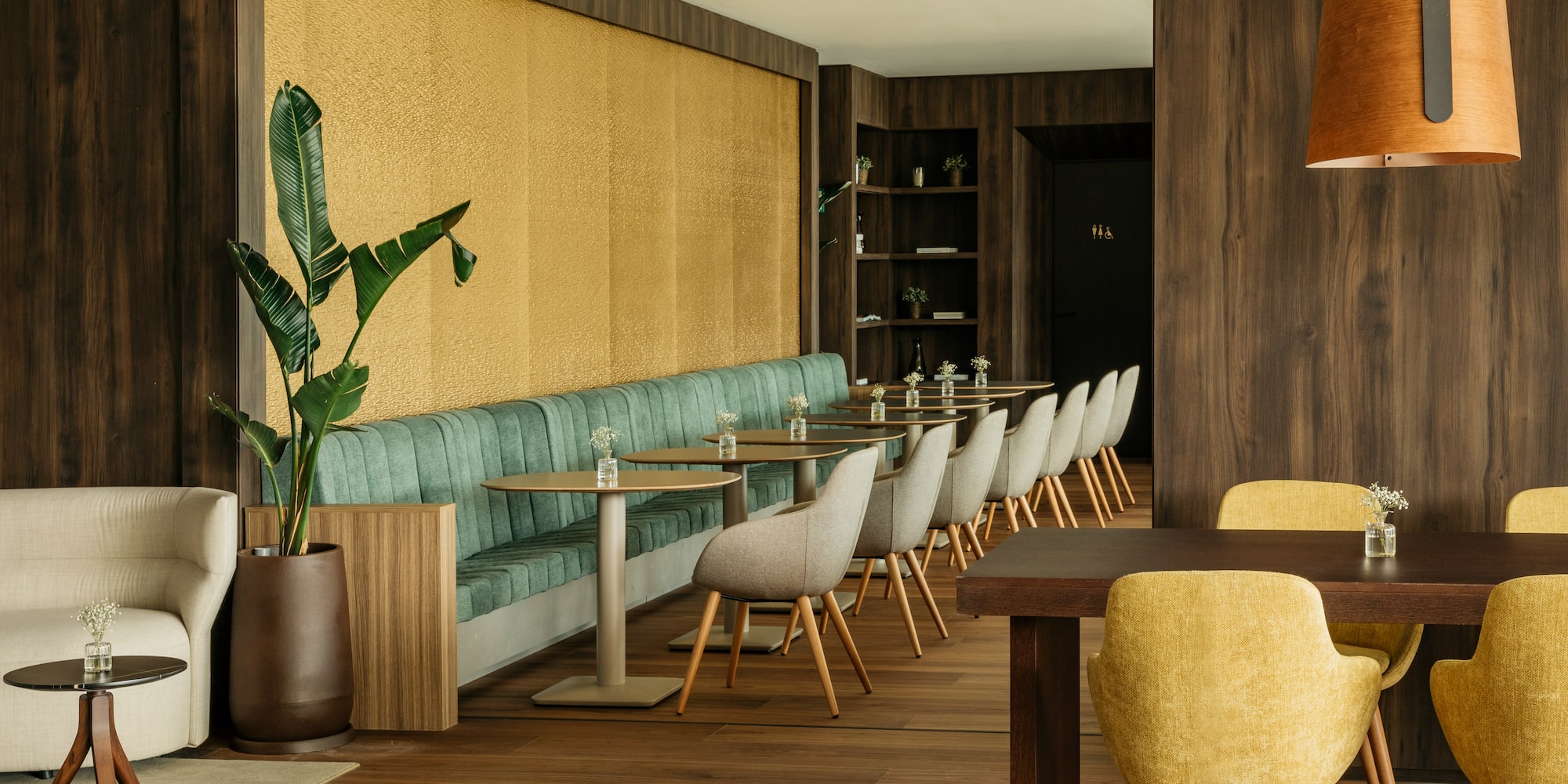 a room with tables and chairs