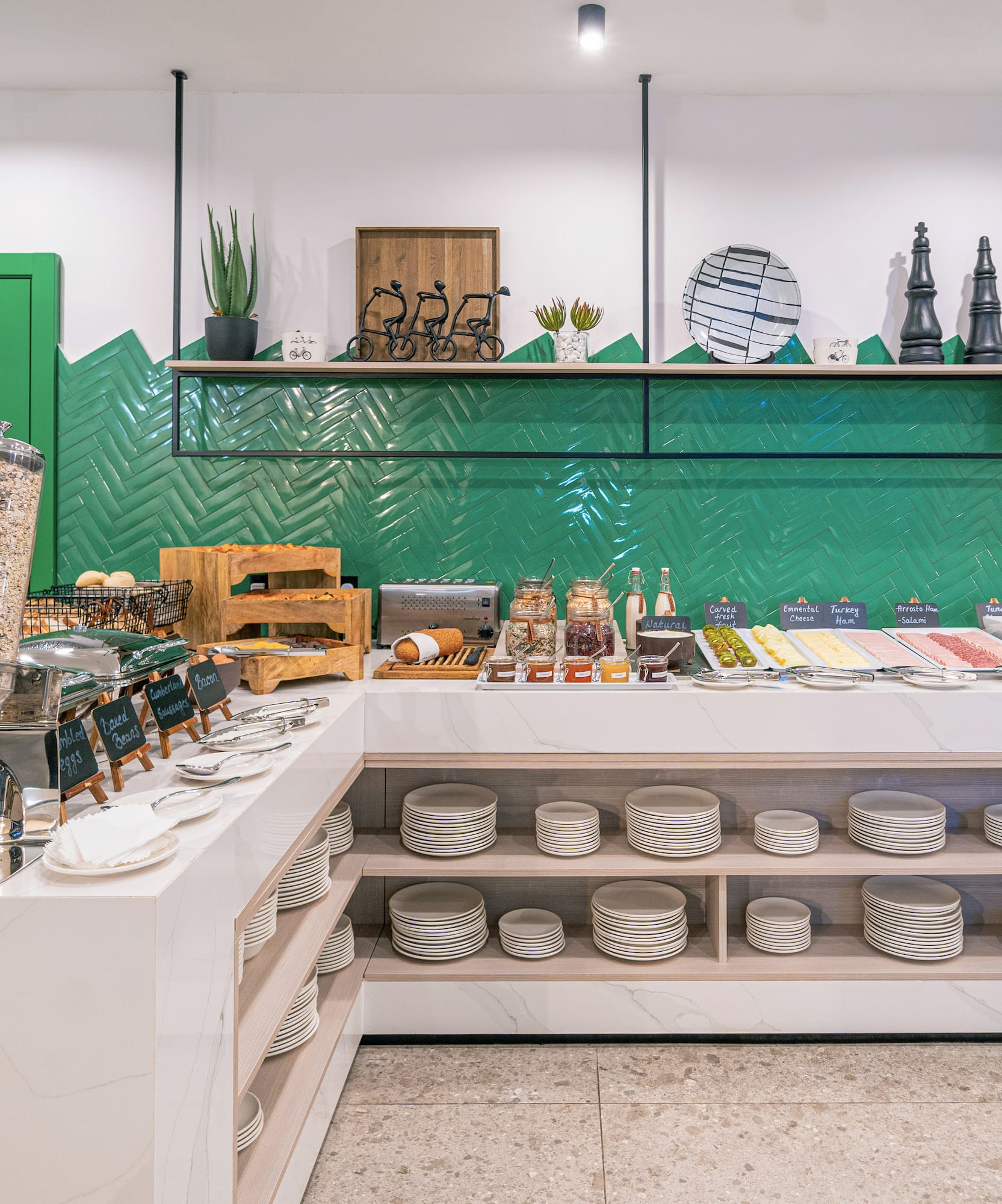 a counter with plates and plates on it