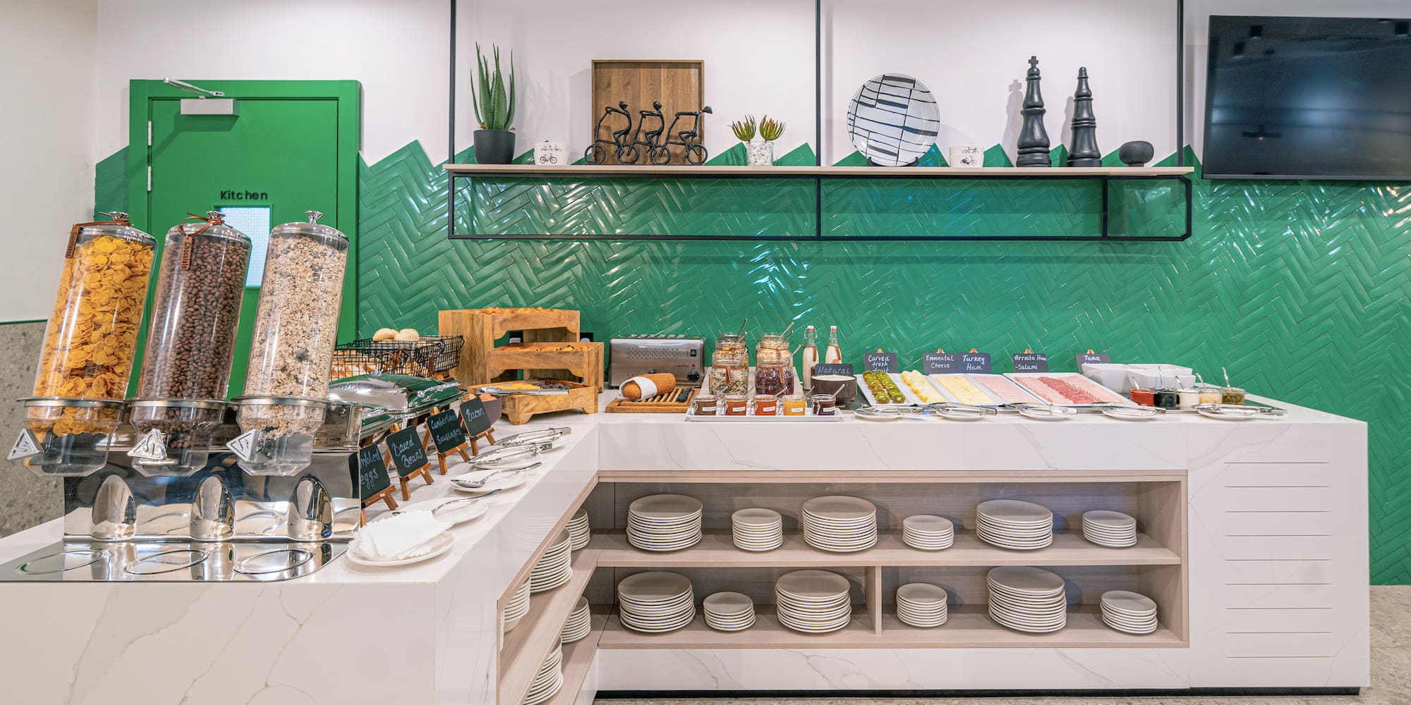 a counter with plates and bowls on it