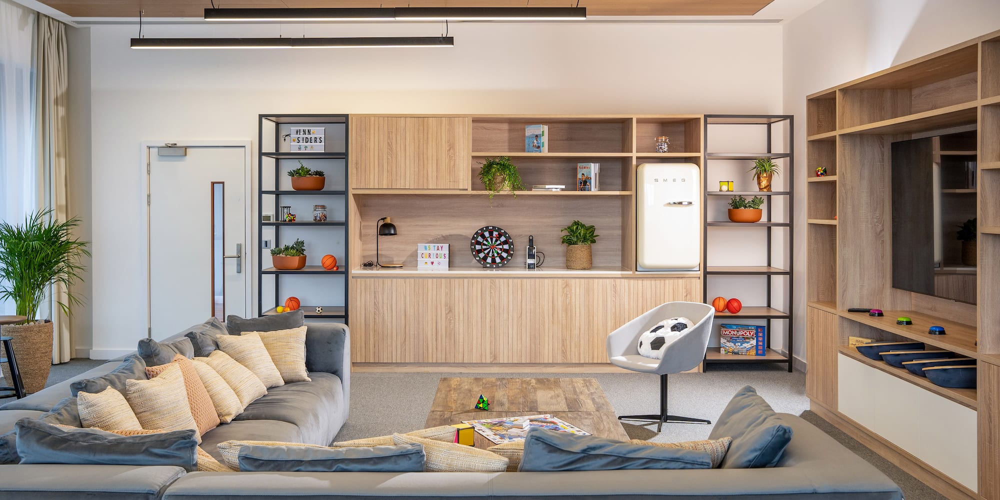 a living room with a couch and a table