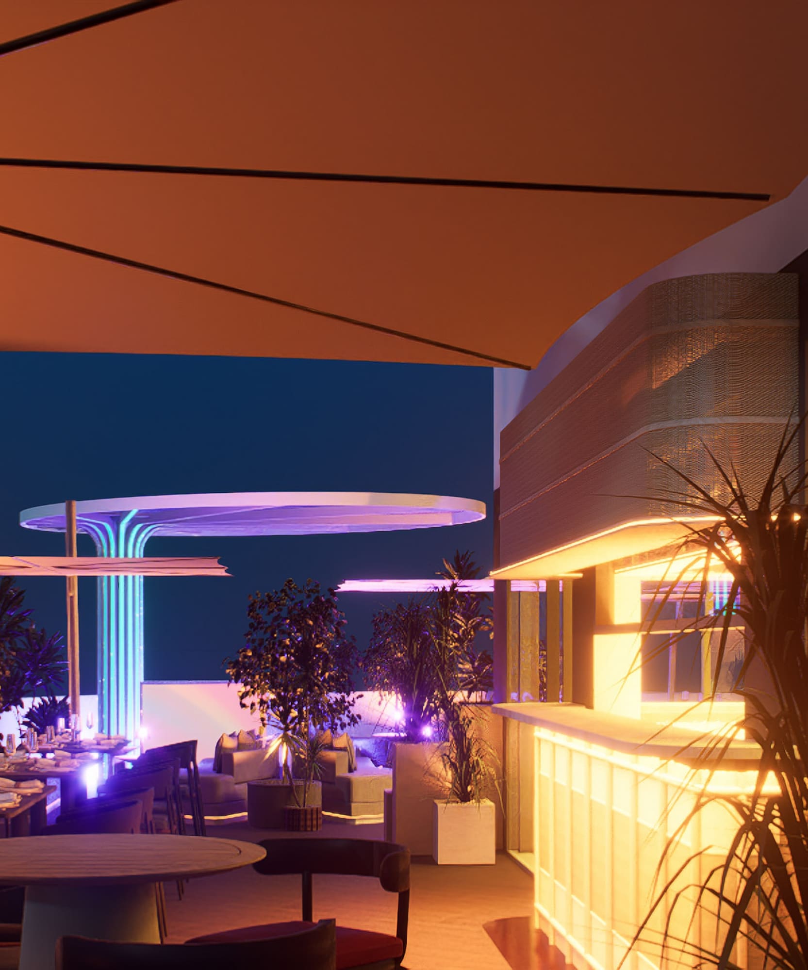 a restaurant with tables and plants