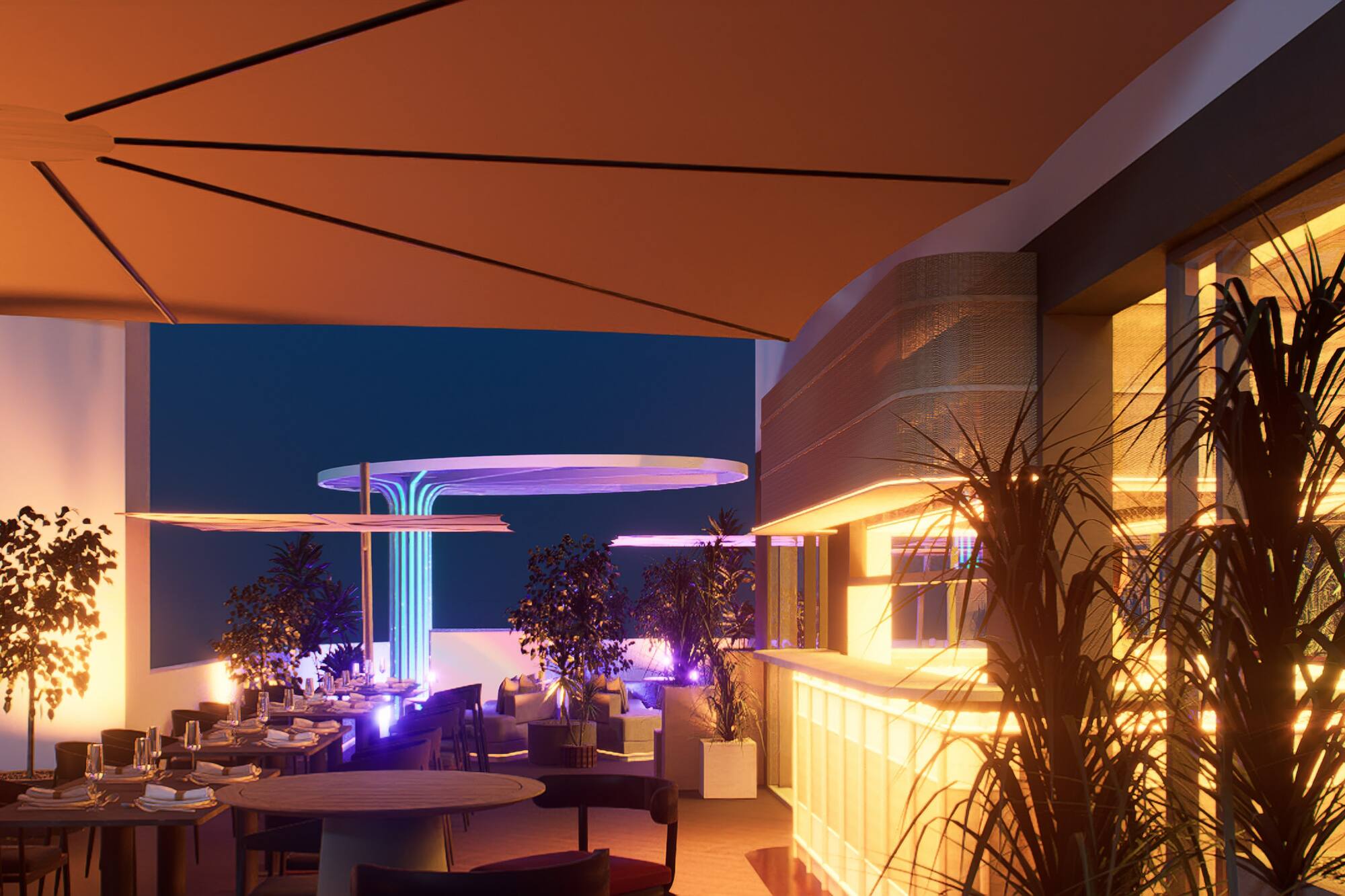 Vibrant rooftop bar & restaurant at night with warm lighting and blue neon accents.
