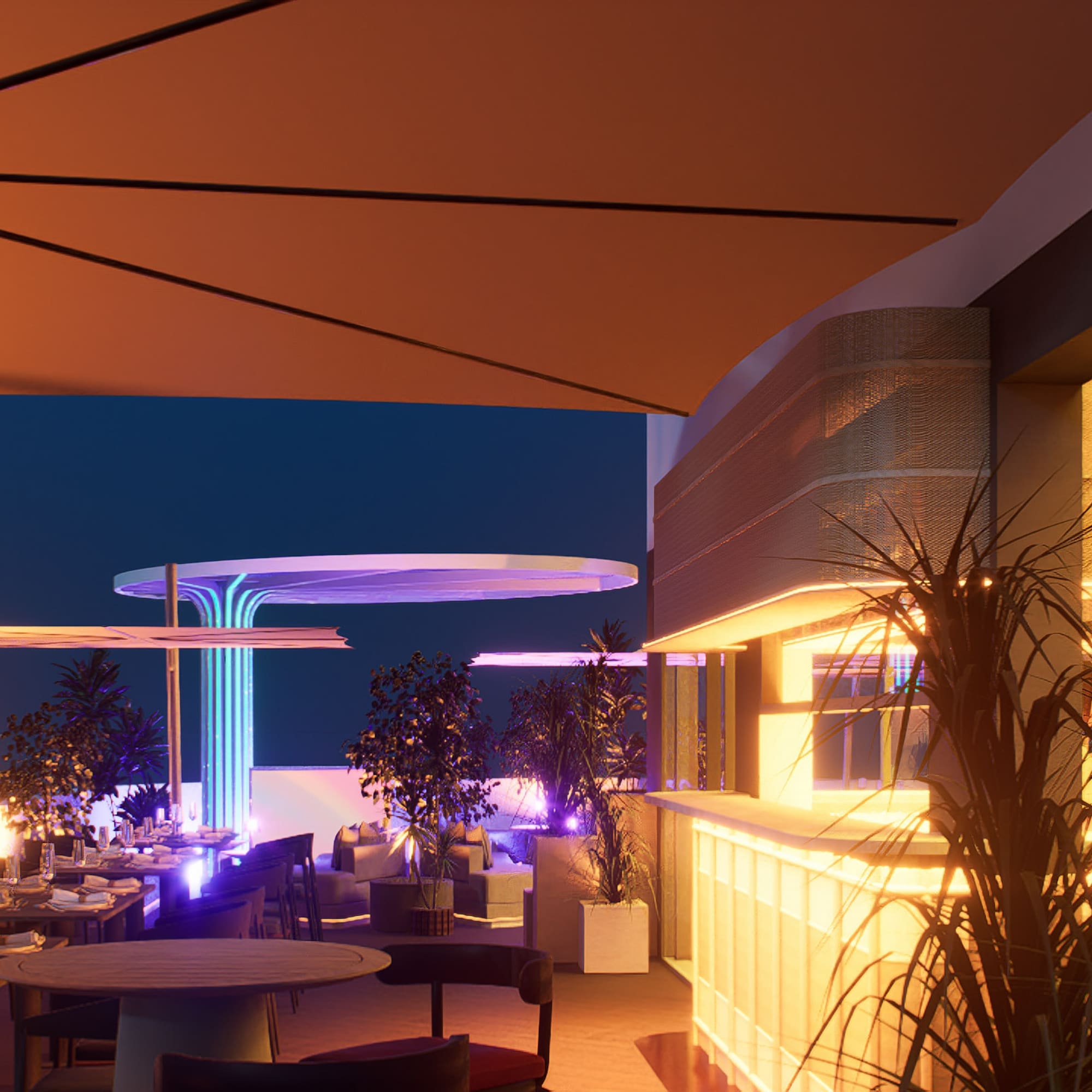 a restaurant with tables and plants