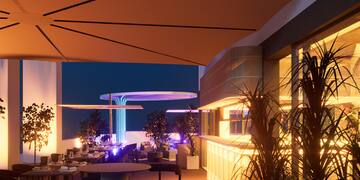 a restaurant with tables and plants