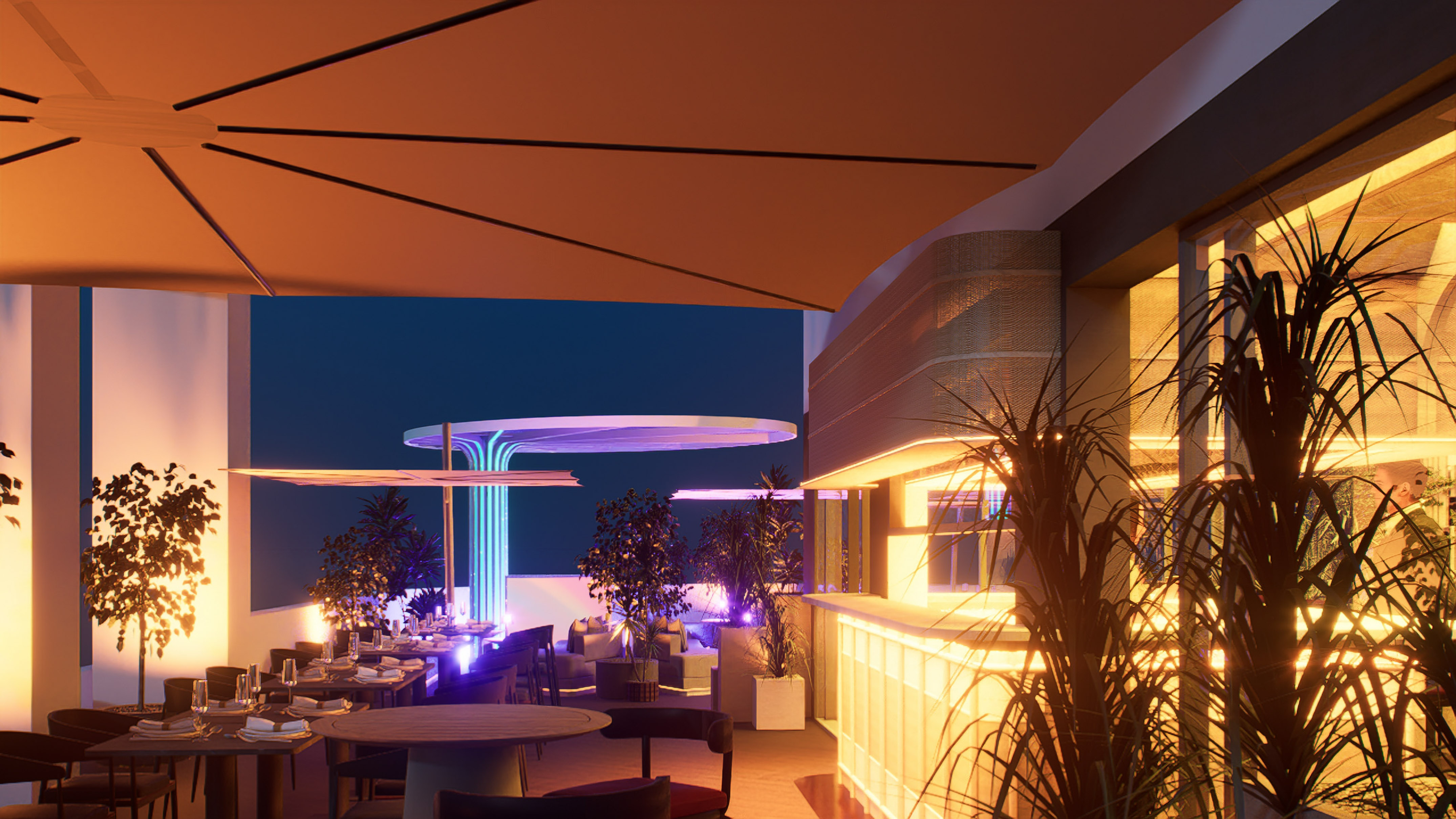 Vibrant rooftop bar & restaurant at night with warm lighting and blue neon accents.