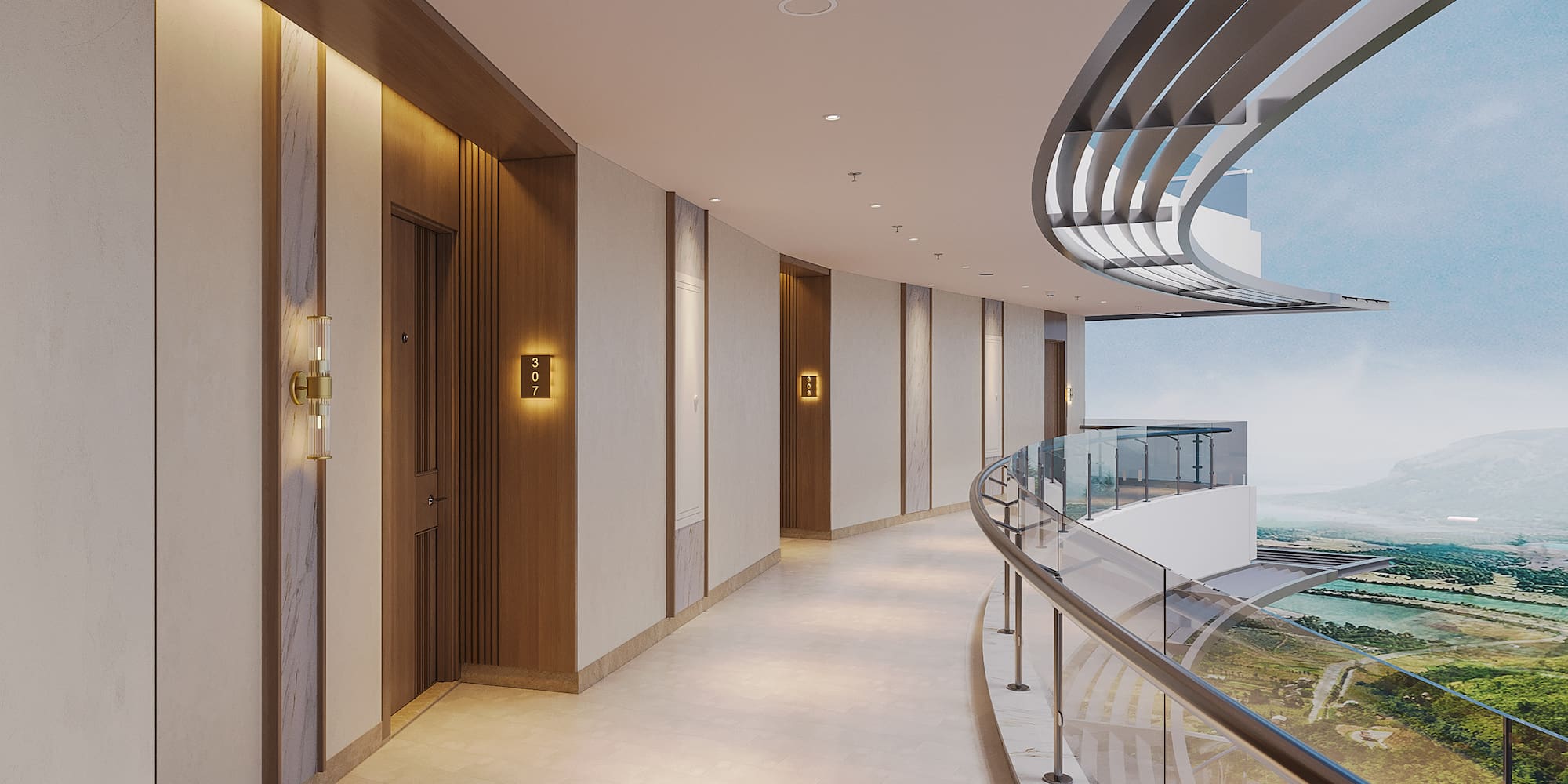 a hallway with a glass railing