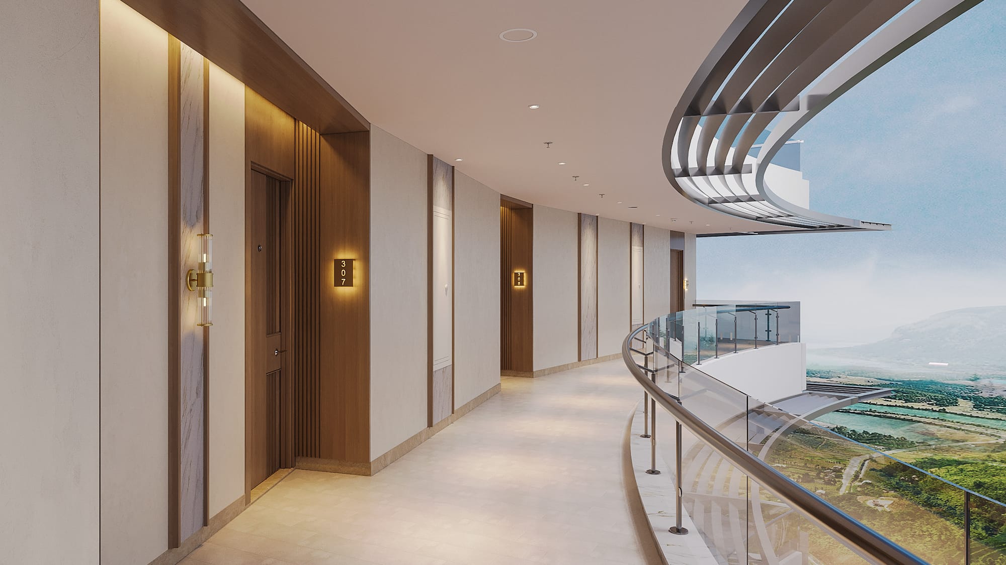 a hallway with a glass railing