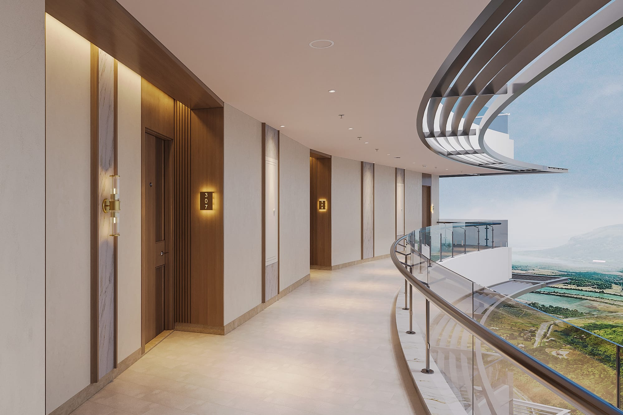 a hallway with a glass railing