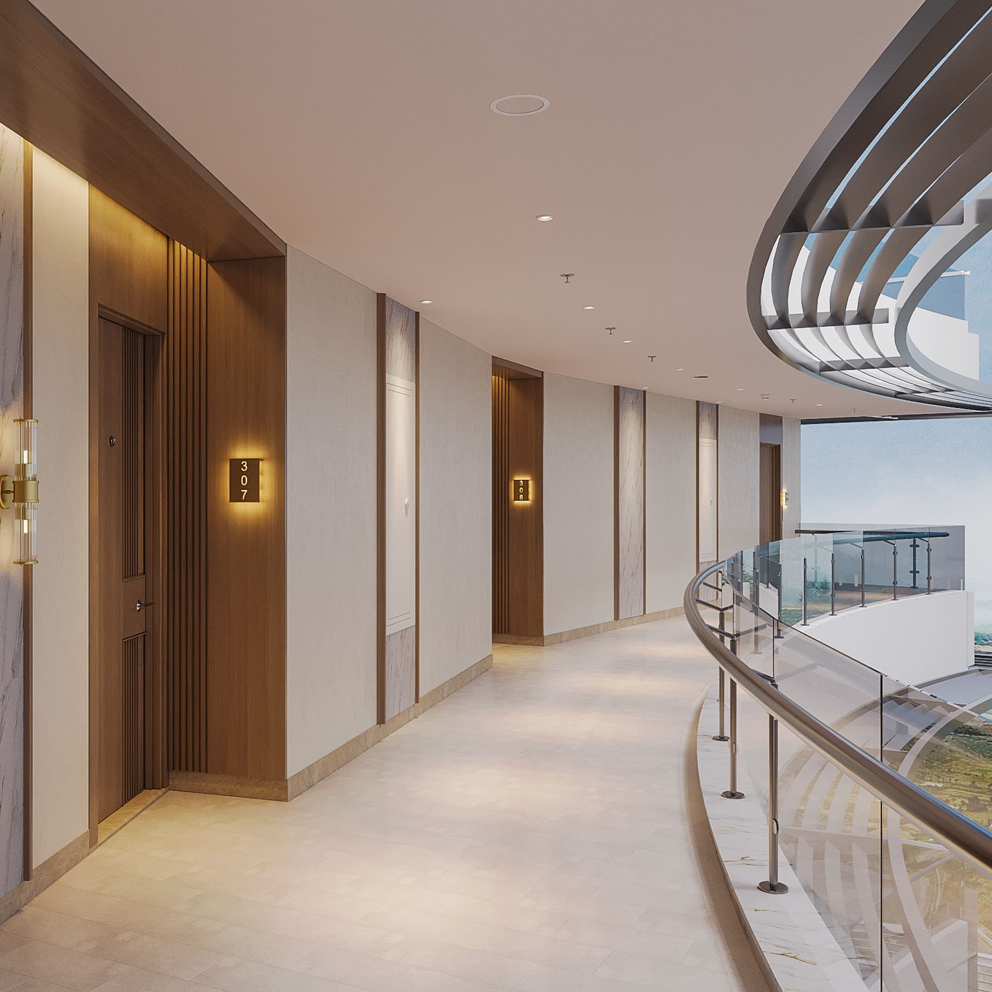 a hallway with a glass railing